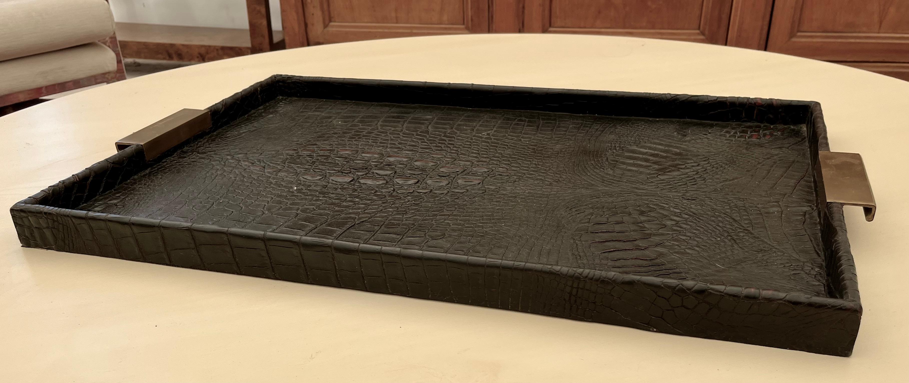 Vintage Leather Crocodile Skin Tray with Brass Handles 3