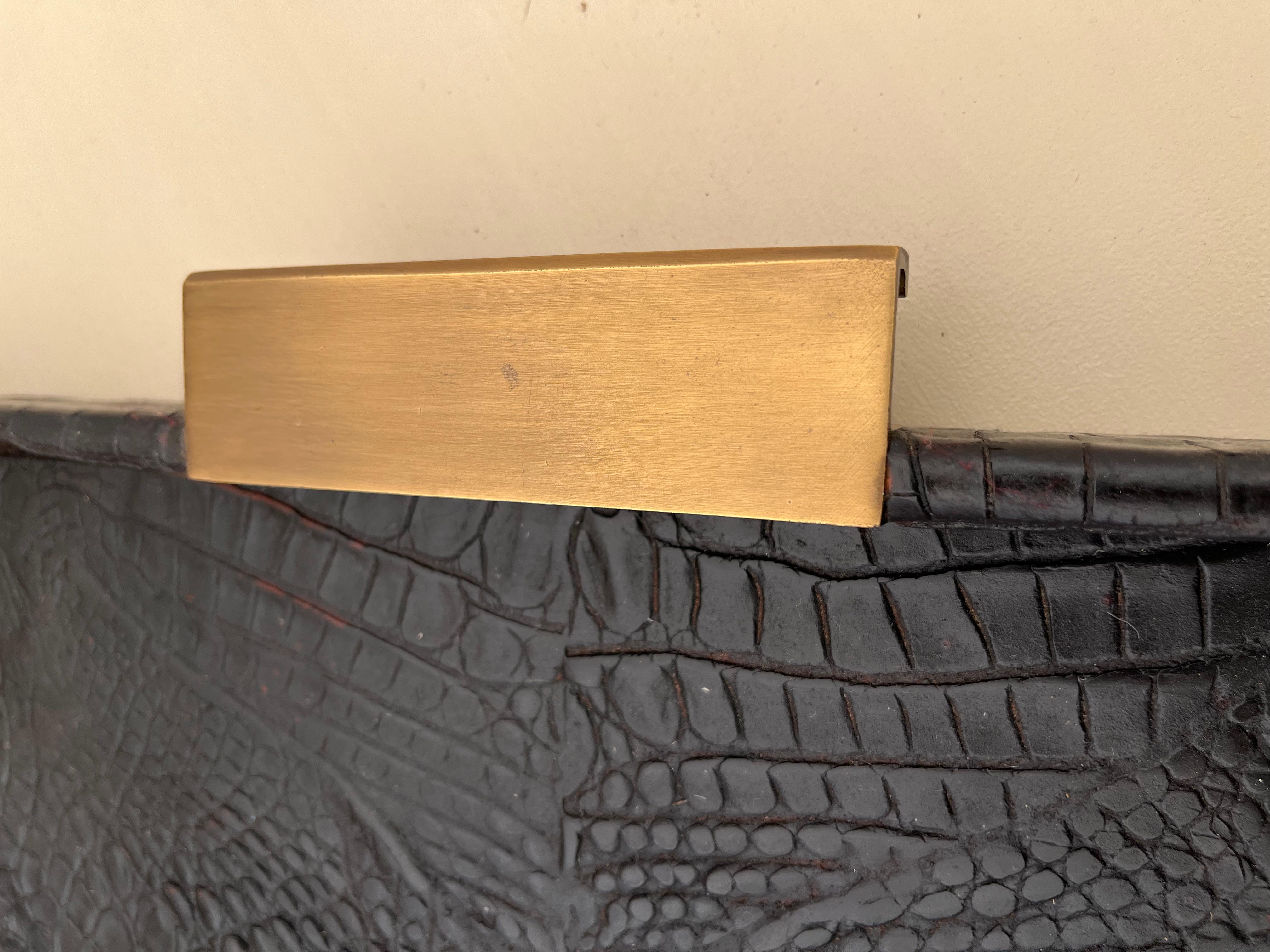 Mid-Century Modern Vintage Leather Crocodile Skin Tray with Brass Handles