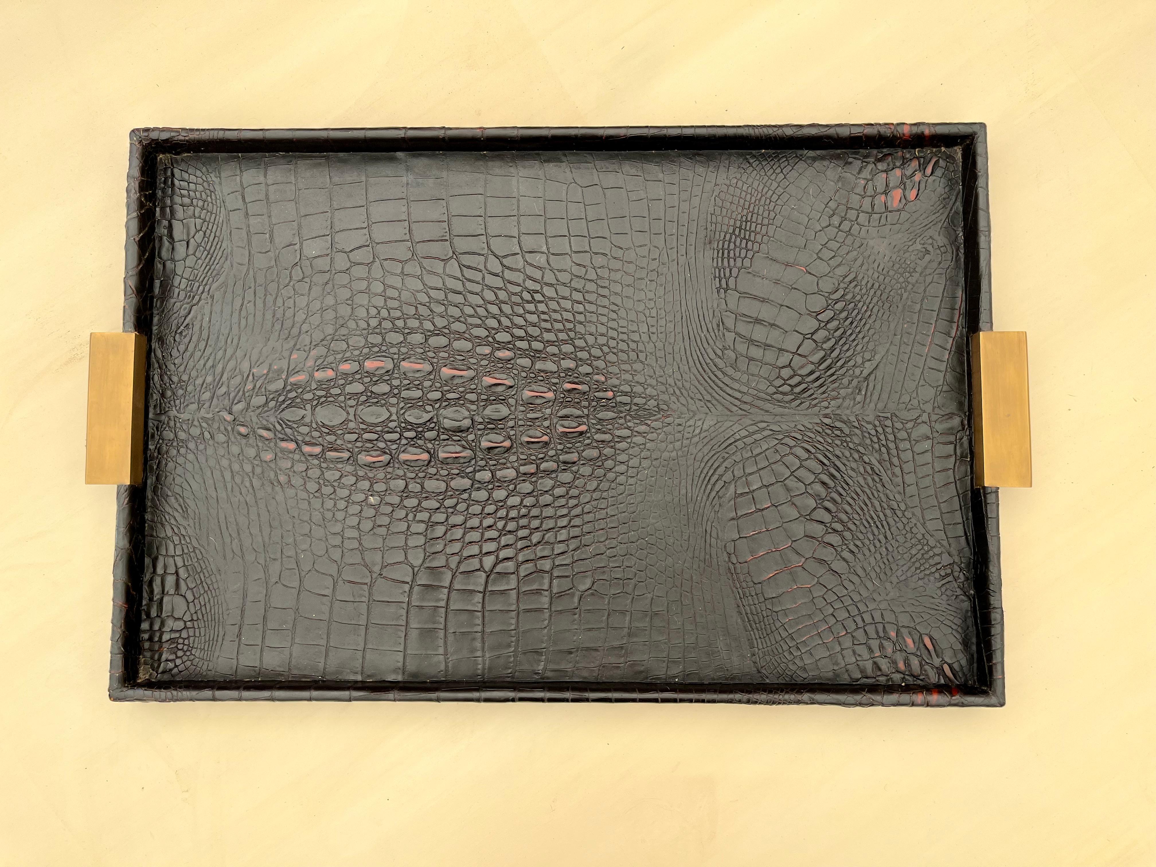 Vintage Leather Crocodile Skin Tray with Brass Handles In Good Condition In Wichita, KS