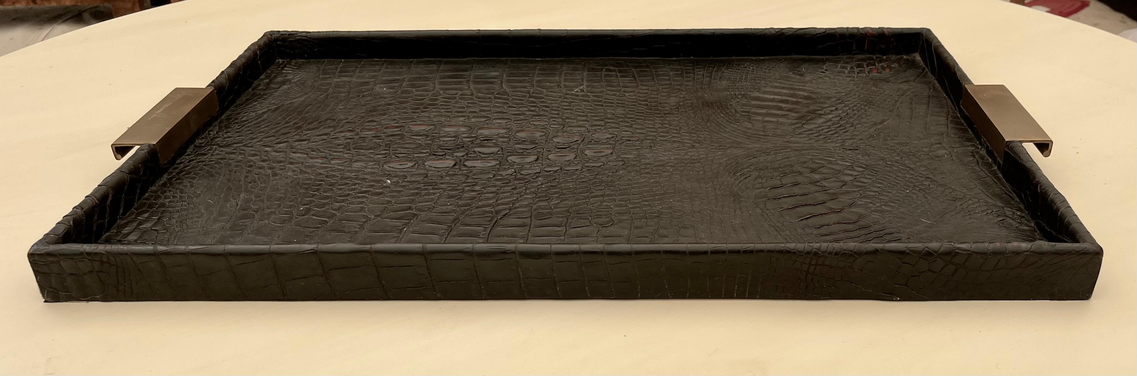 20th Century Vintage Leather Crocodile Skin Tray with Brass Handles