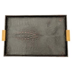 Vintage Leather Crocodile Skin Tray with Brass Handles