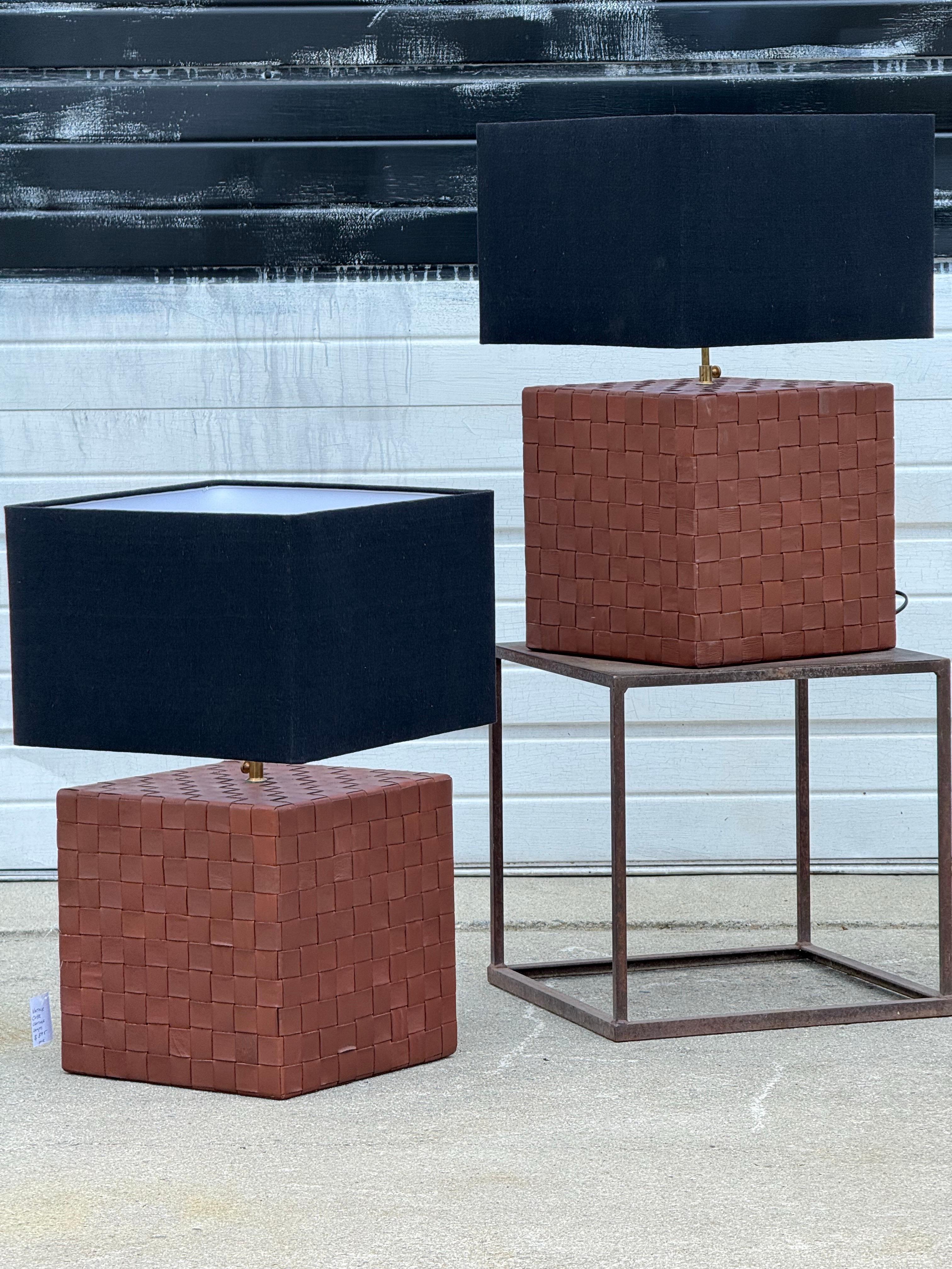 Vintage Leather Cube Lamps - a Pair For Sale 4