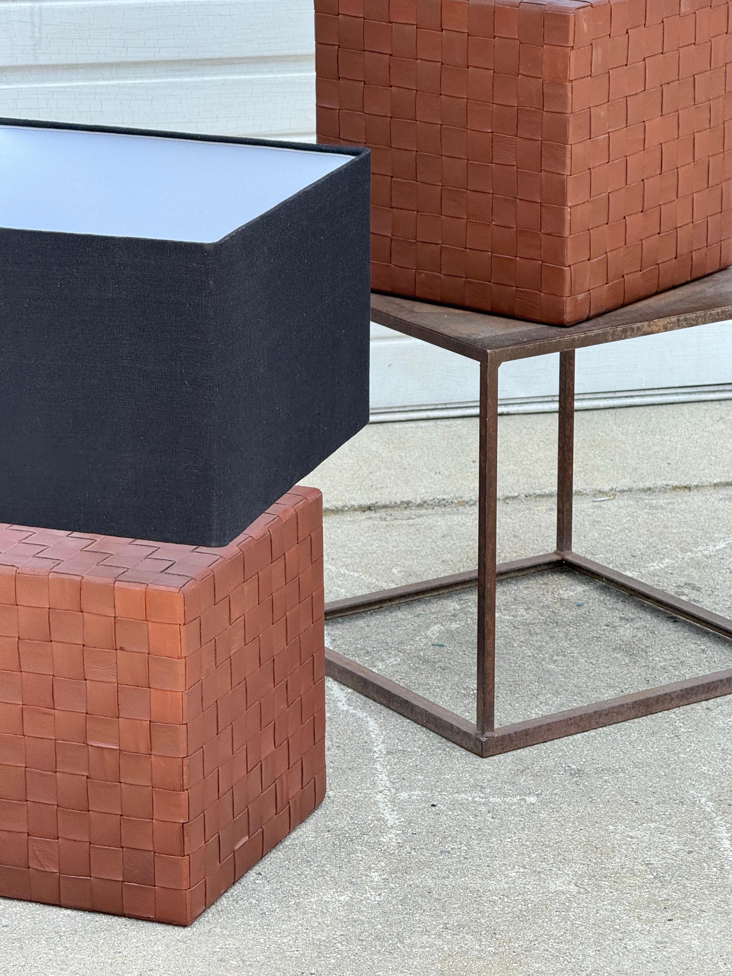 Vintage Leather Cube Lamps - a Pair In Good Condition For Sale In Raleigh, NC