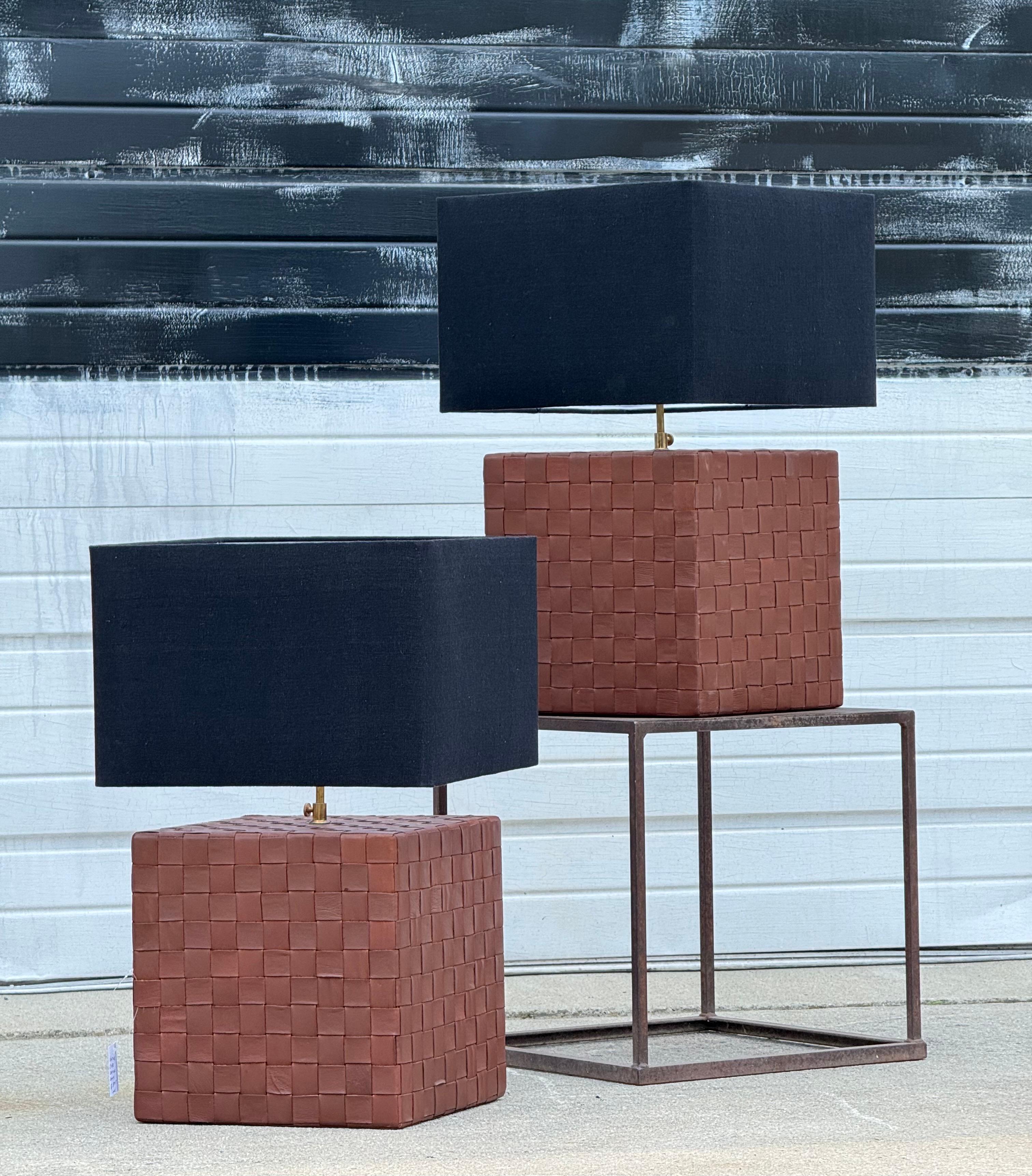 Late 20th Century Vintage Leather Cube Lamps - a Pair For Sale