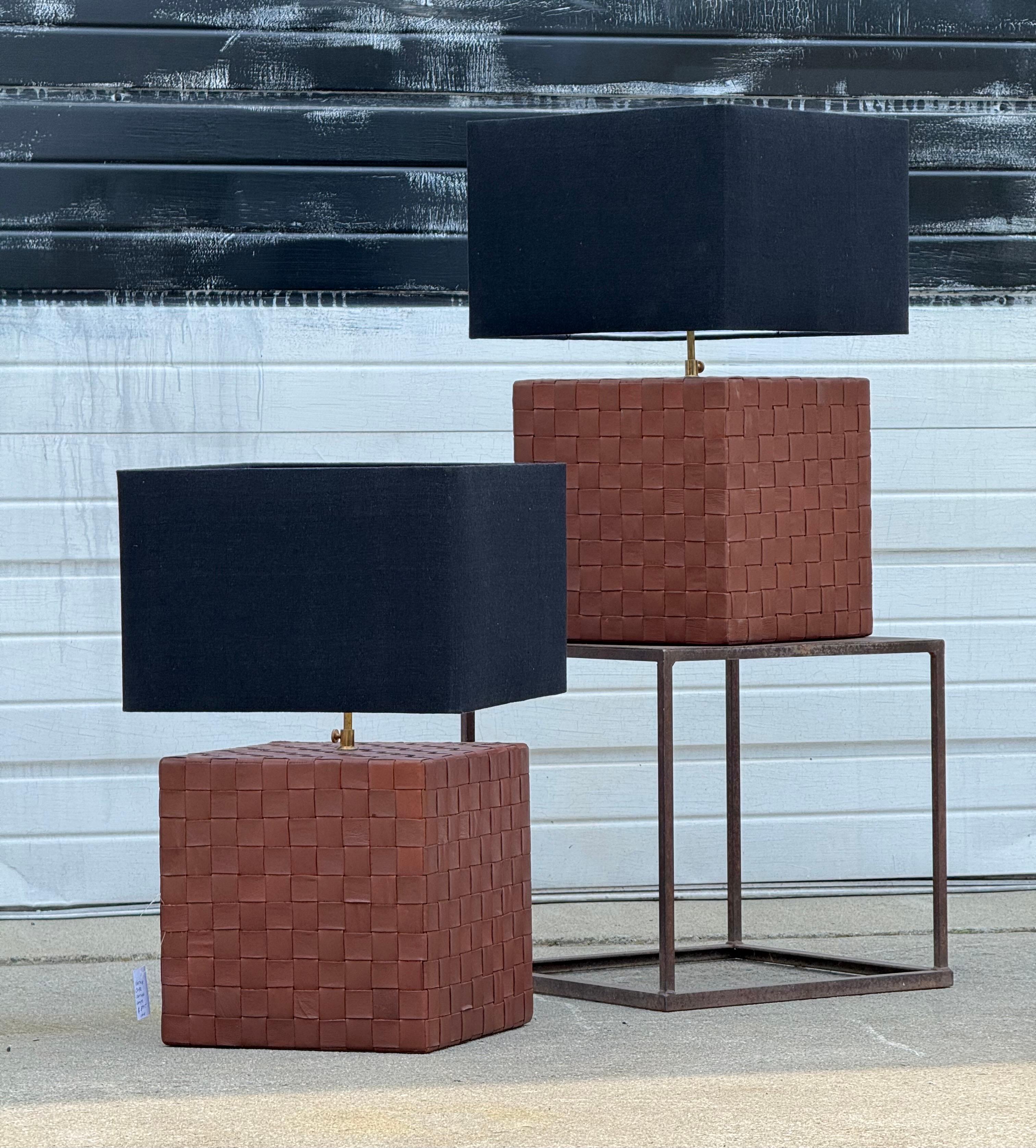 Vintage Leather Cube Lamps - a Pair For Sale 1
