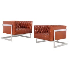 Vintage Leather "Cube" Lounge Chairs by Milo Baughman for Thayer Coggin