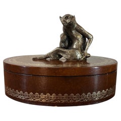 Vintage Leather Decorative Box with Monkey Finial Attributed to Maitland-Smith
