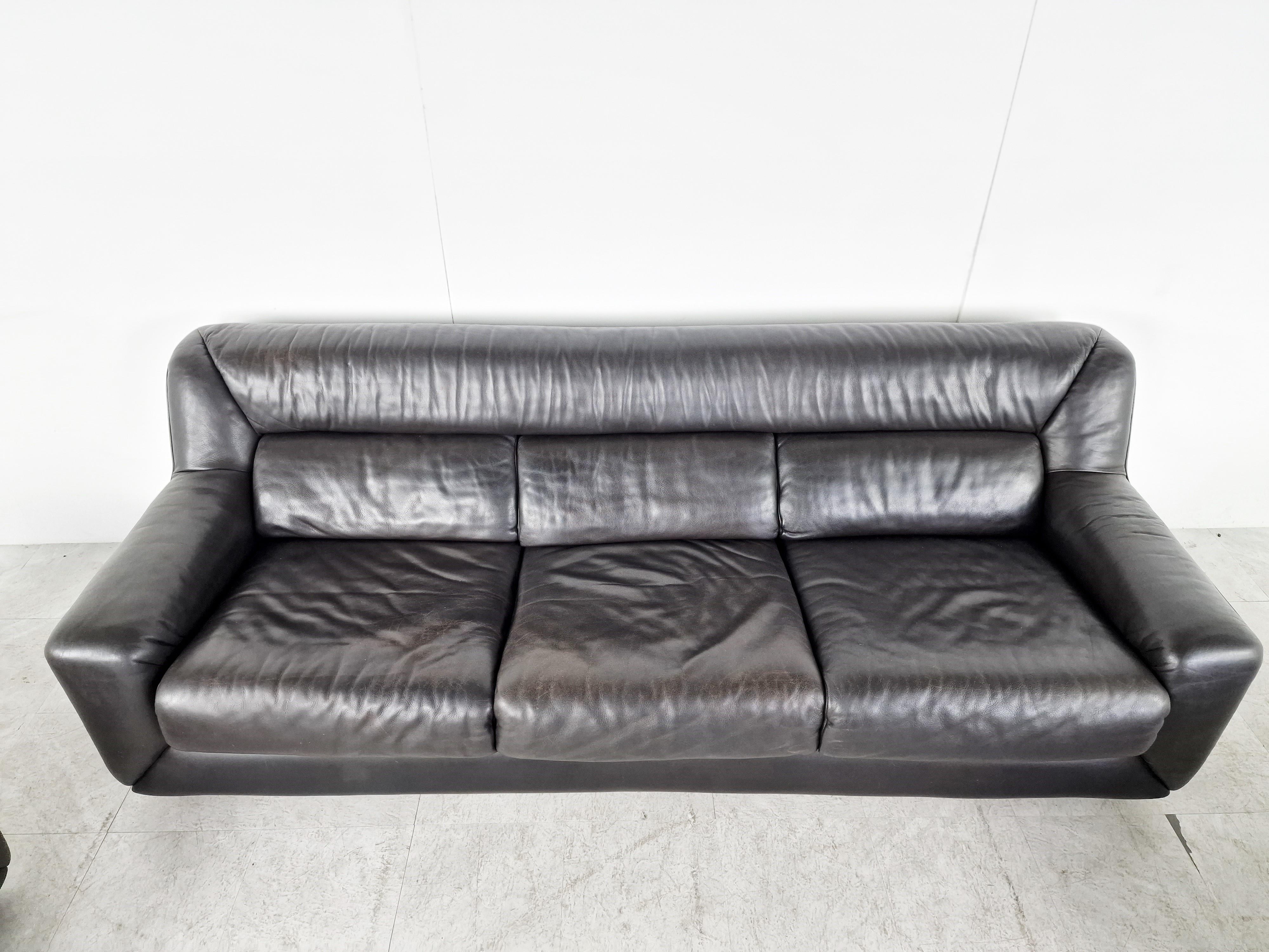 Vintage black leather sofa set model DS42 by Desede of Switzerland.

The set consists of one 3 seater sofa and two armchairs 

Good overall condition with normal age related wear.

1970s - Switzerland

Dimensions: (each element)
Three