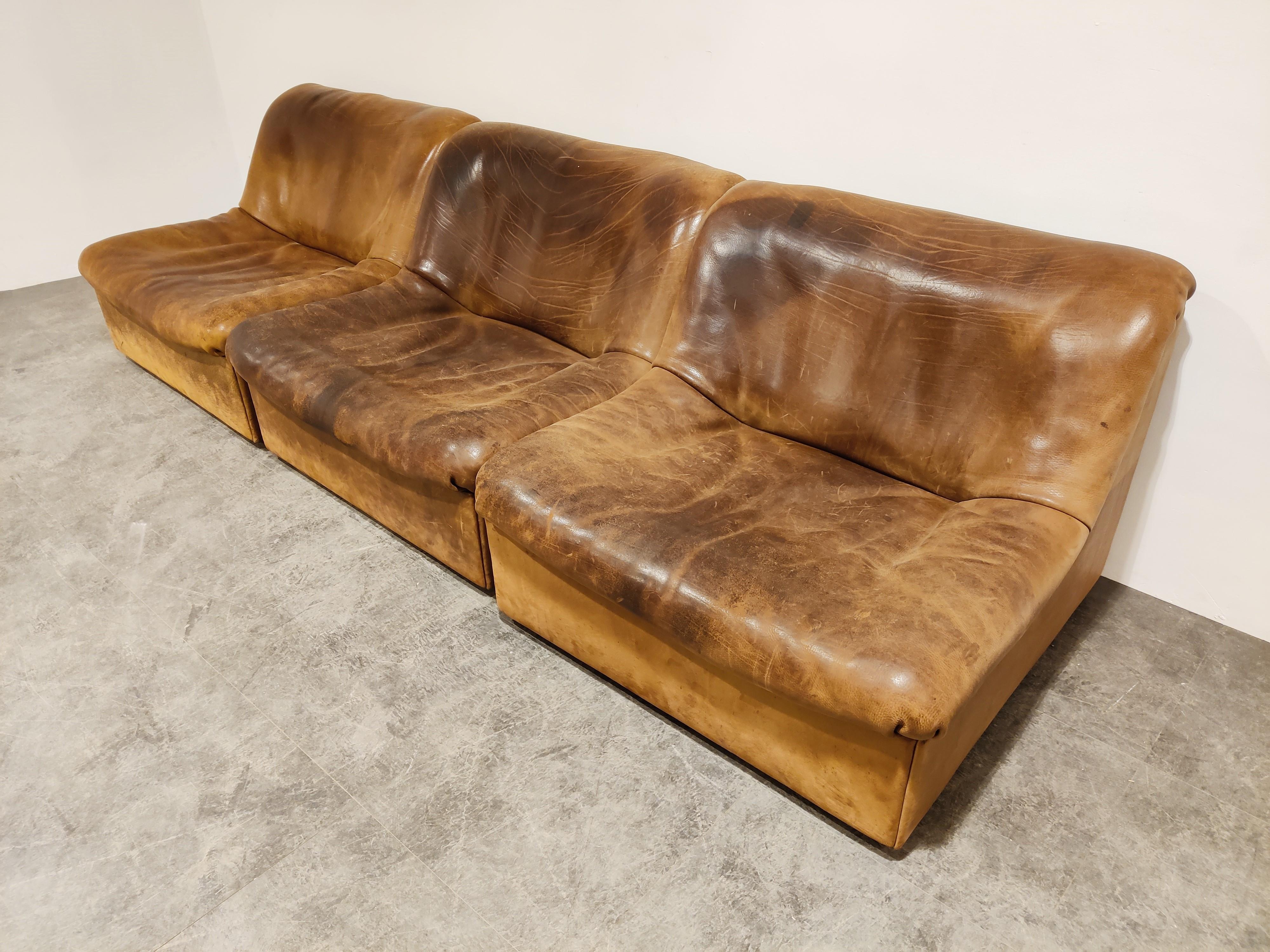 Mid century thick buffalo neck leather modular sofas by De Sede consisting of three identical pieces.

De Sede stands for almost destroyable quality of leather.

Especially the DS46 has very thick leather upholstery with a beautiful