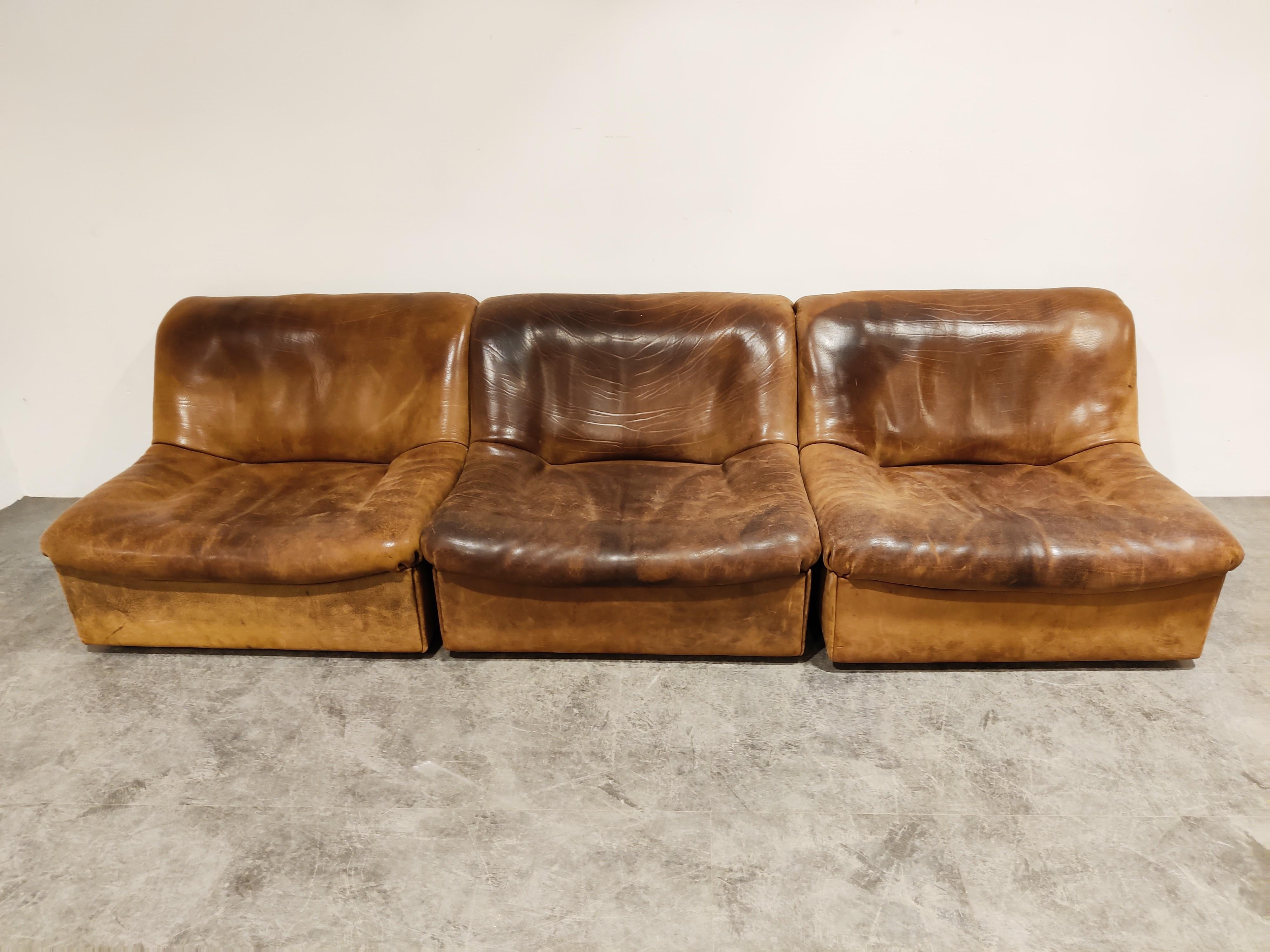 Swiss Vintage Leather Ds46 Modular Three Piece Sofa by De Sede, 1970s