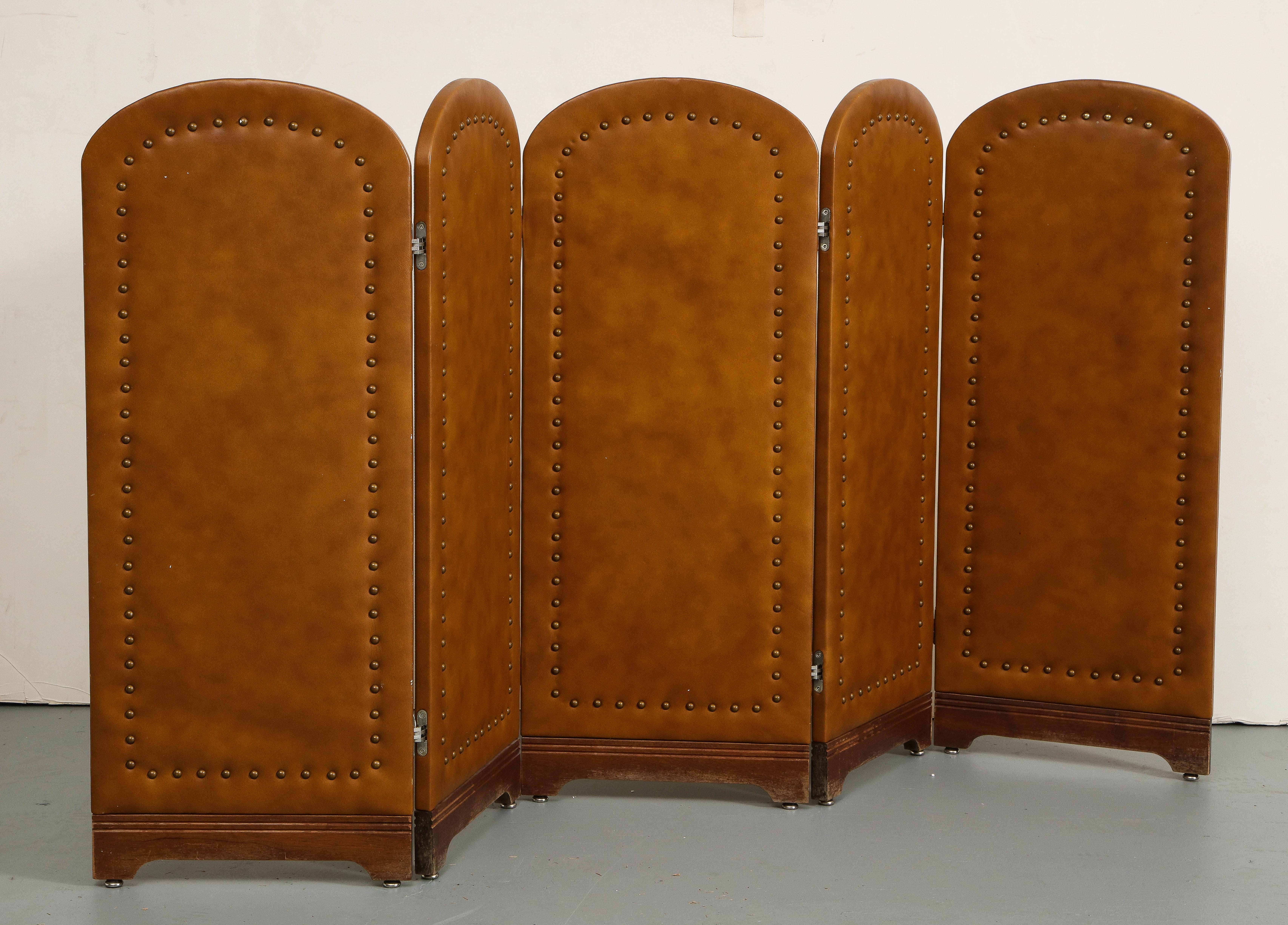 Vintage Leather Folding Screen with 5 Panels, C. 1960 In Good Condition For Sale In Chicago, IL