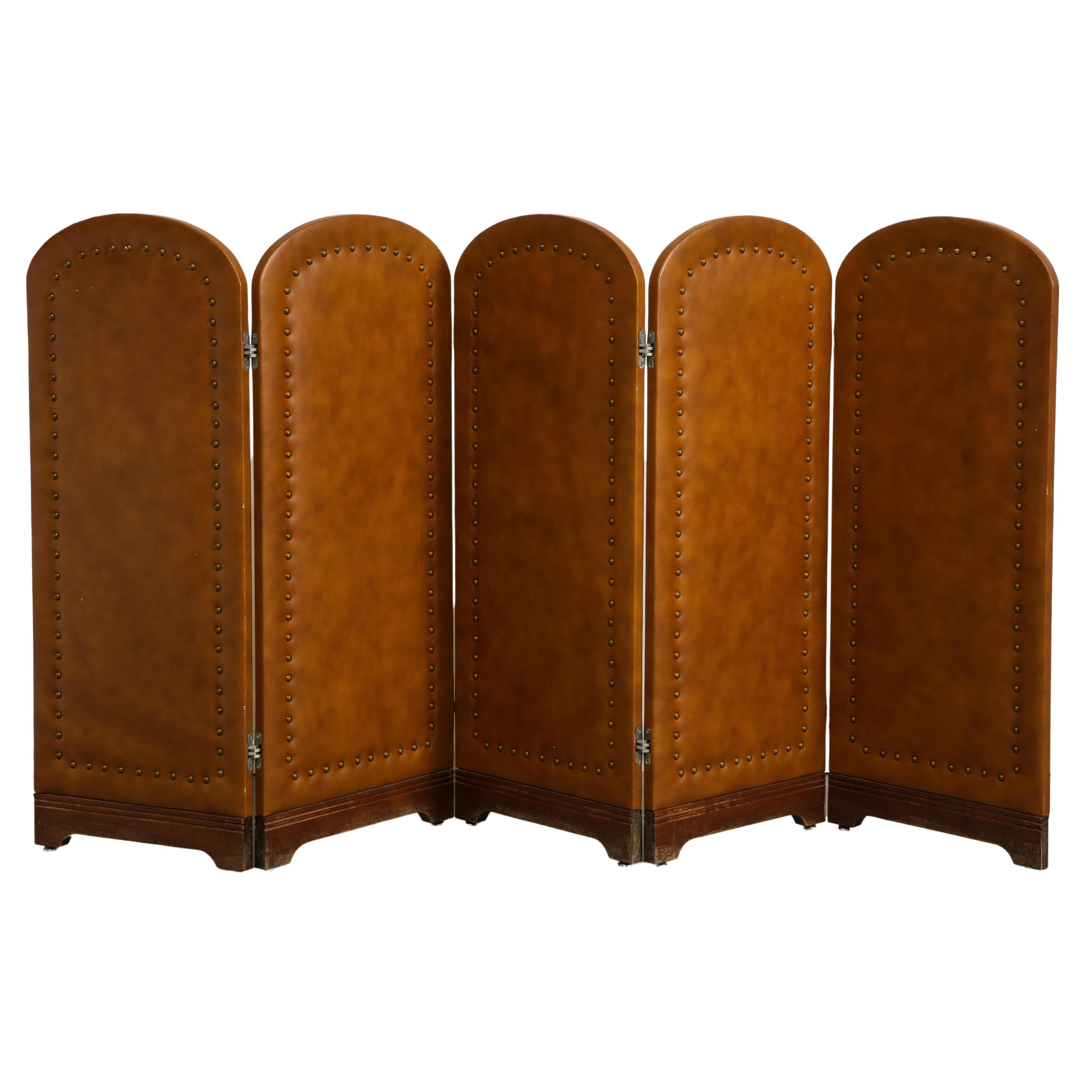Vintage Leather Folding Screen with 5 Panels, C. 1960 For Sale