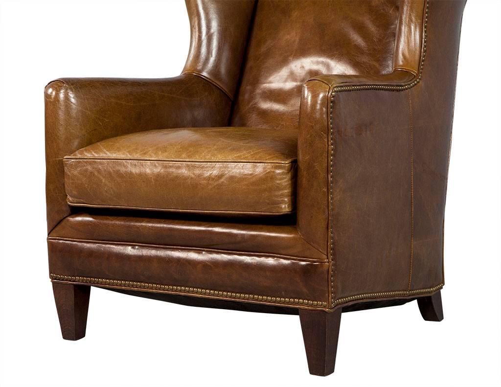 Vintage Leather Gentleman’s Wing Chair In Excellent Condition In North York, ON