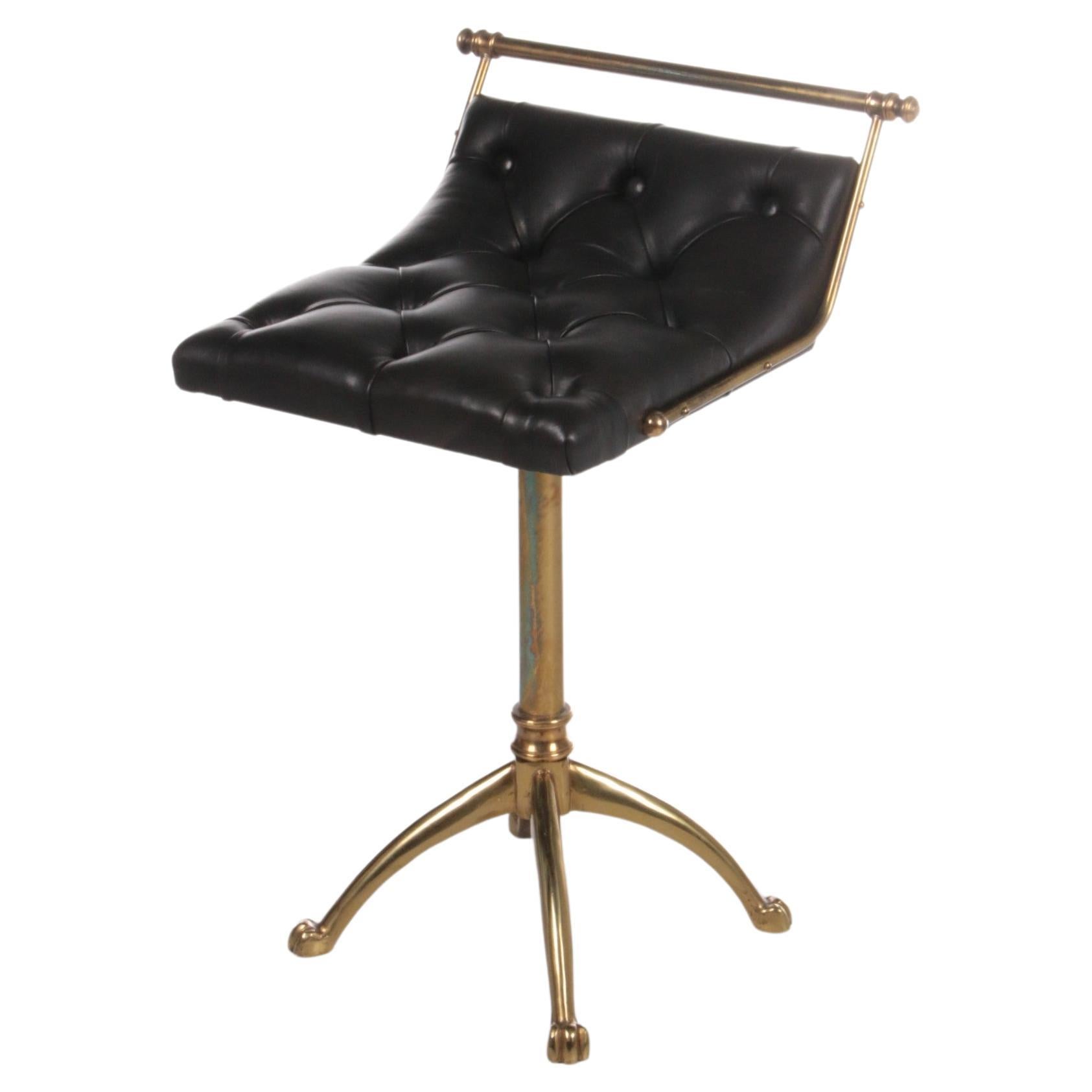 Vintage Leather & Gilt Brass Harper's Stool 1950s France.