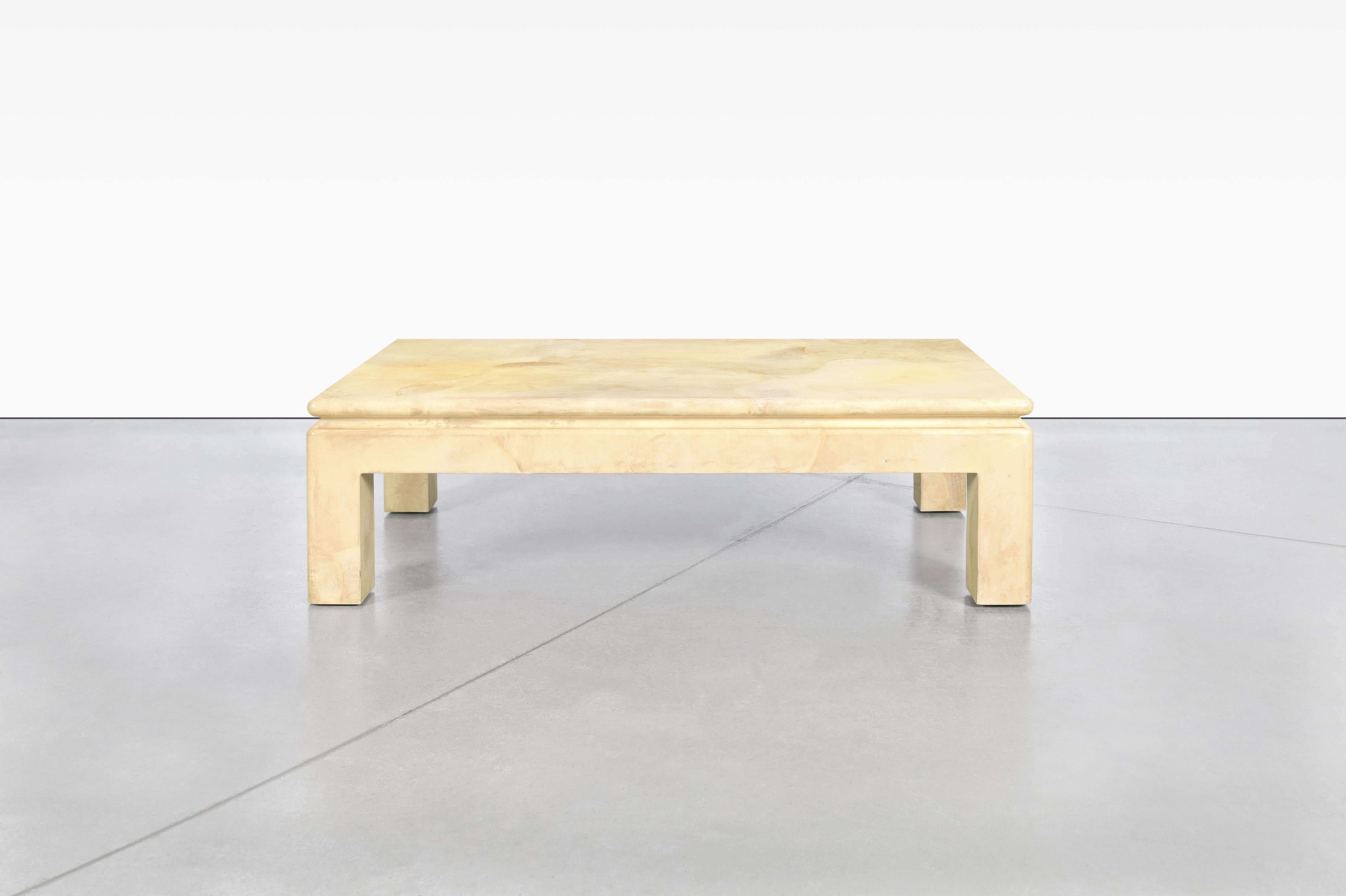 Fabulous vintage leather goatskin coffee table attributed to Karl Springer, circa 1980s. This coffee table has a minimalist design that accentuates its intricate lines and the high-quality materials used in its construction. The table is built on a