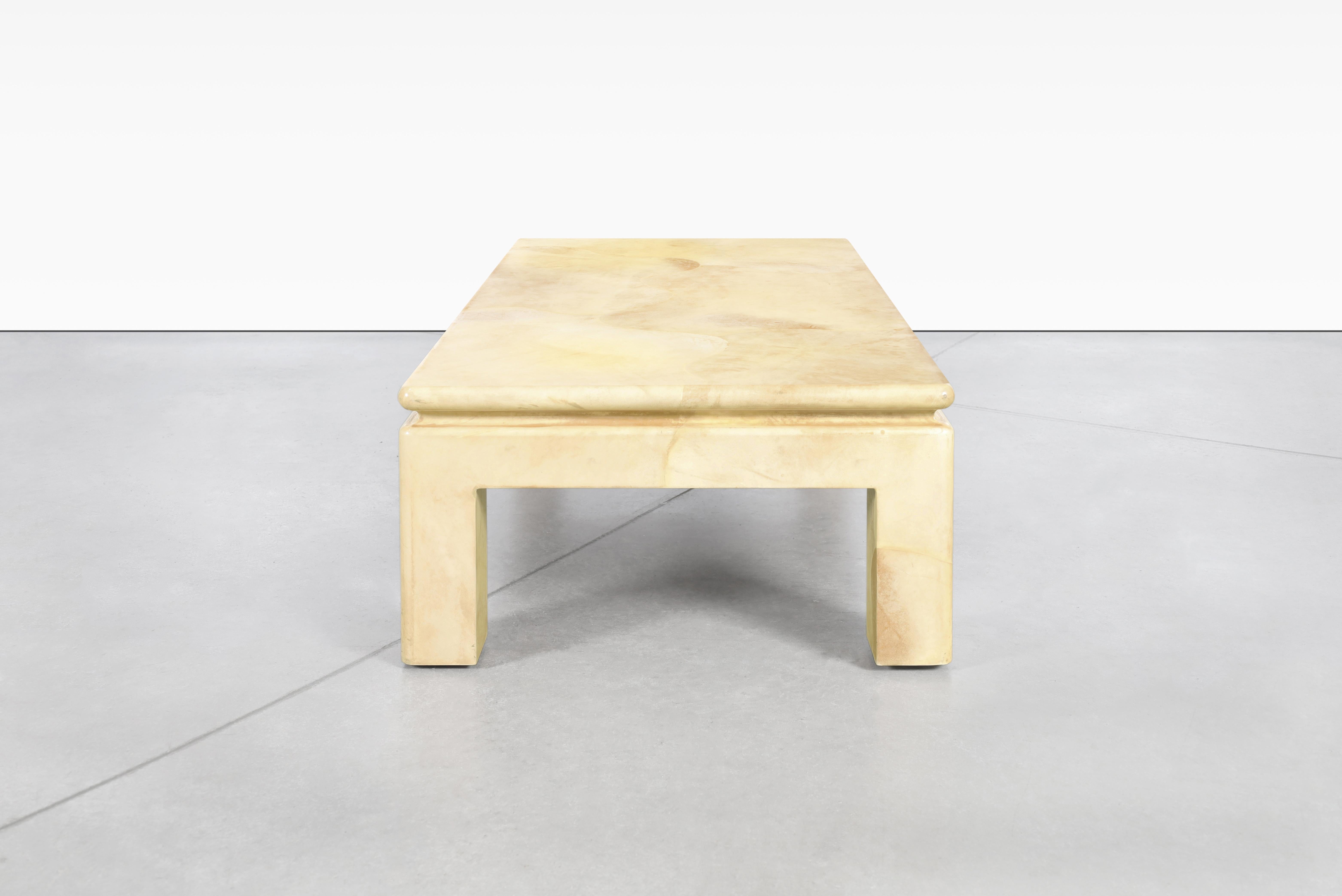 Teak Vintage Leather Goatskin Coffee Table Attributed to Karl Springer For Sale