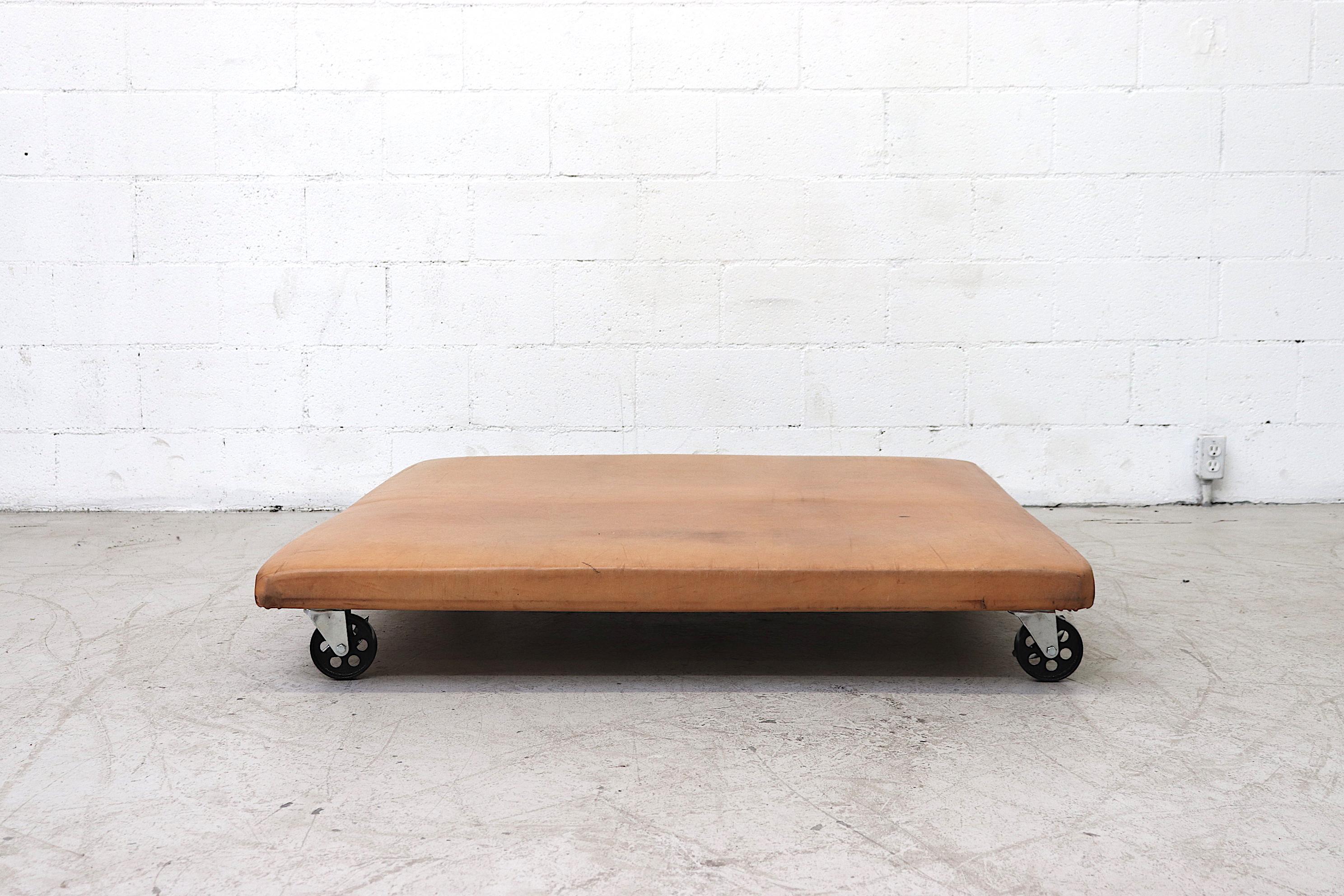 Mid-Century Modern Tan Leather Vintage Gym Mat on Wheels For Sale