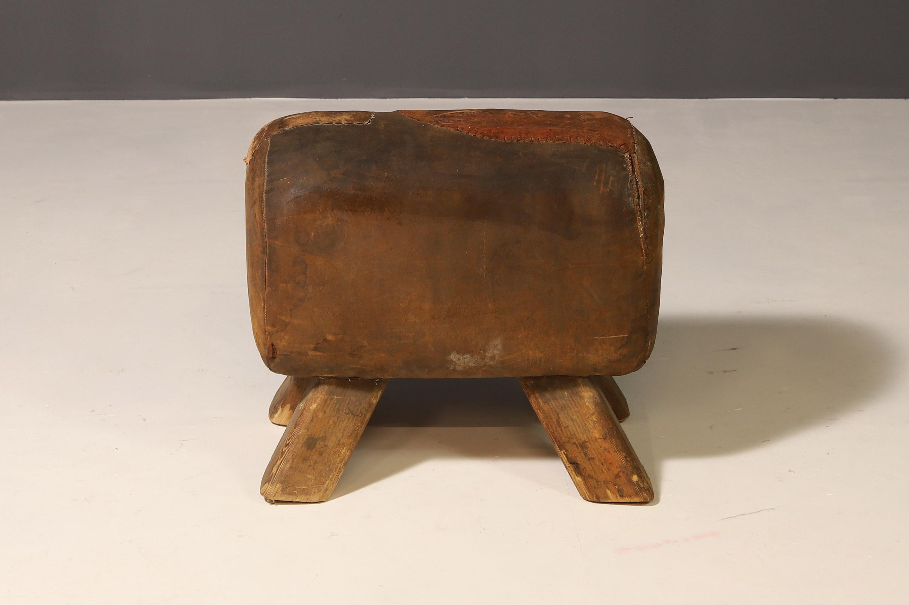 Dieser Gymnastikhocker, ursprünglich ein Pauschenpferd, wurde in den 1930er Jahren in der Tschechoslowakei hergestellt. Sie wurde auf eine Höhe von 51 cm gekürzt, so dass sie als Sitzbank genutzt werden kann.

Das Stück ist im Originalzustand mit