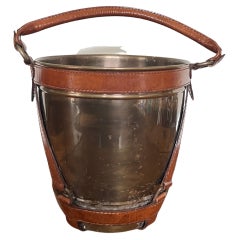 Vintage Leather Handle Midcentury Style Champagne Brass Ice Bucket