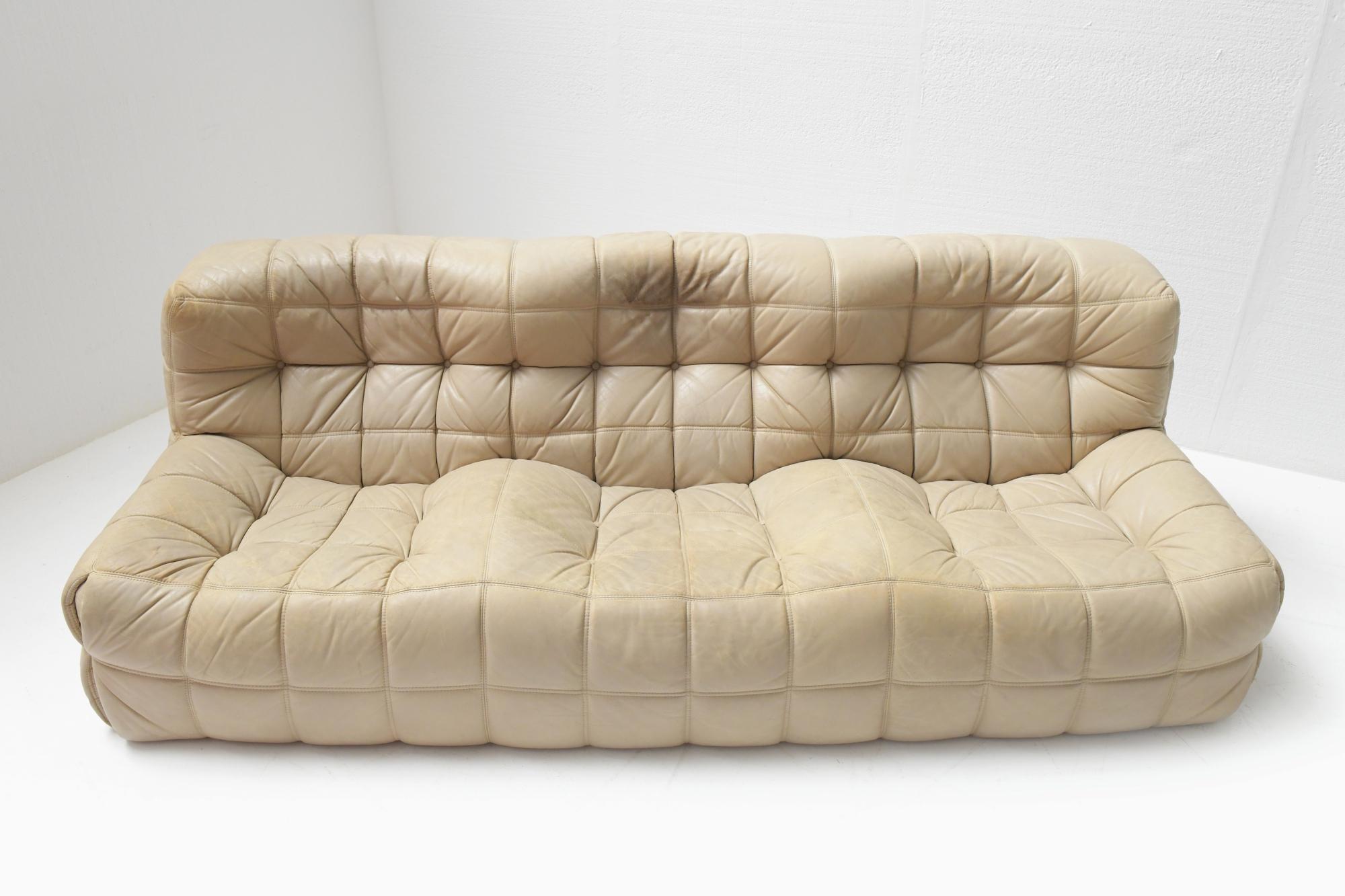 French Vintage Leather Kashima Sofa in Cream Leather by Michel Ducaroy for Ligne Roset