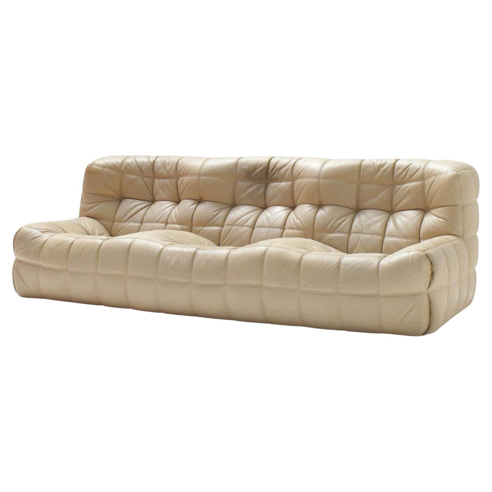 Vintage Leather Kashima Sofa in Cream Leather by Michel Ducaroy for Ligne Roset