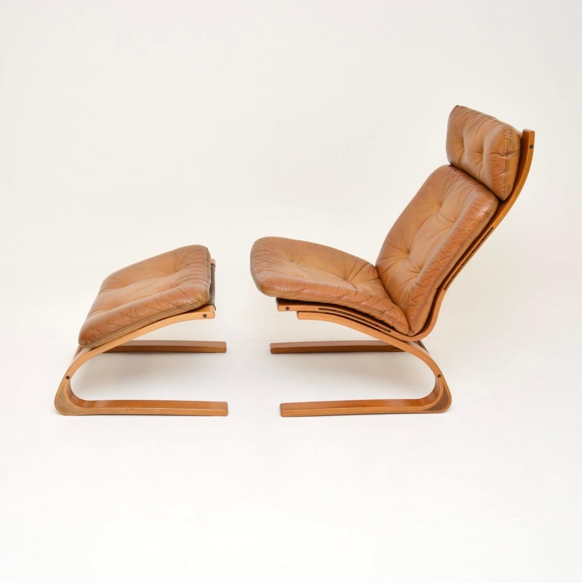 Mid-Century Modern Vintage Leather Kengu Chair and Stool by Elsa and Nordahl Solheim for Rykken For Sale