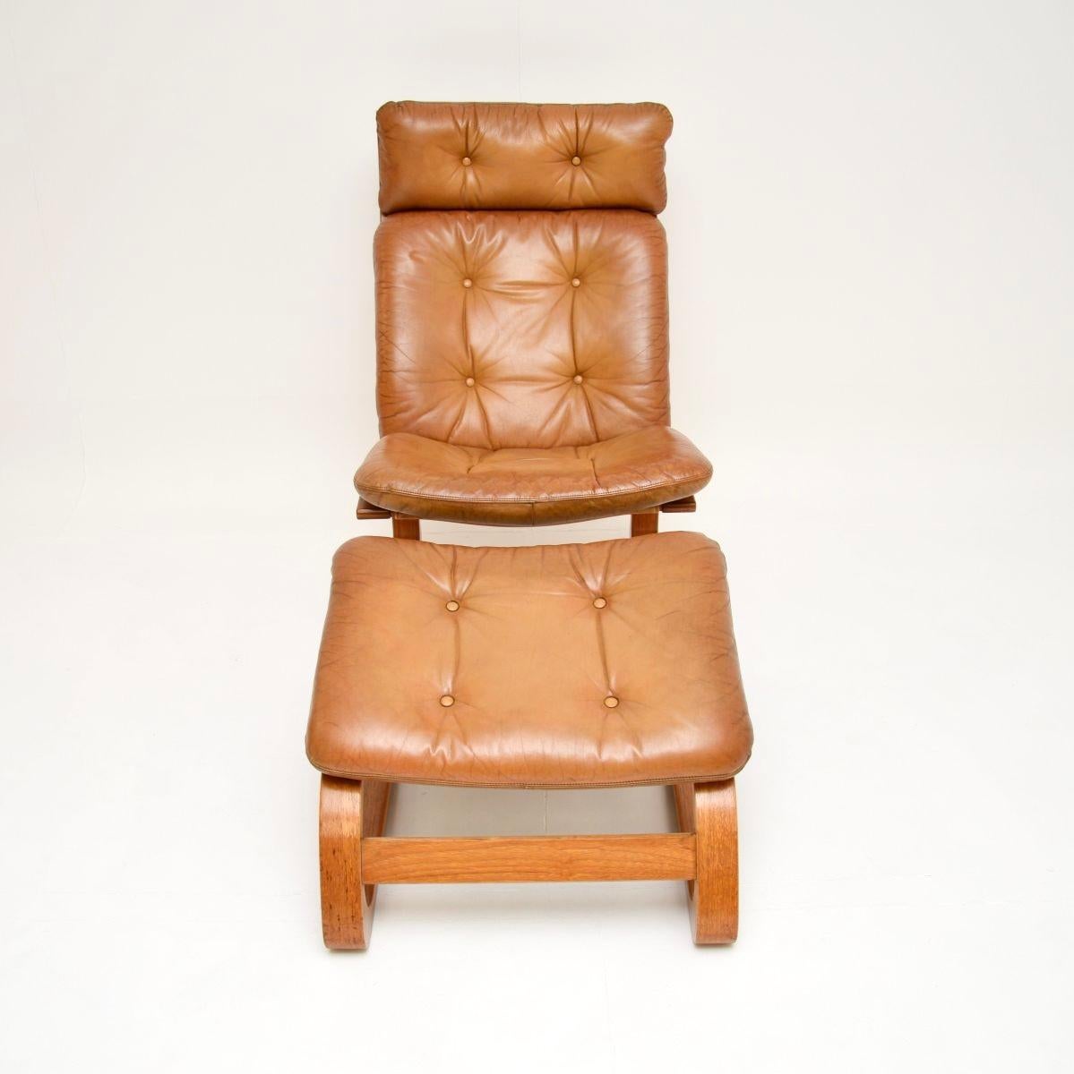 Norwegian Vintage Leather Kengu Chair and Stool by Elsa and Nordahl Solheim for Rykken For Sale