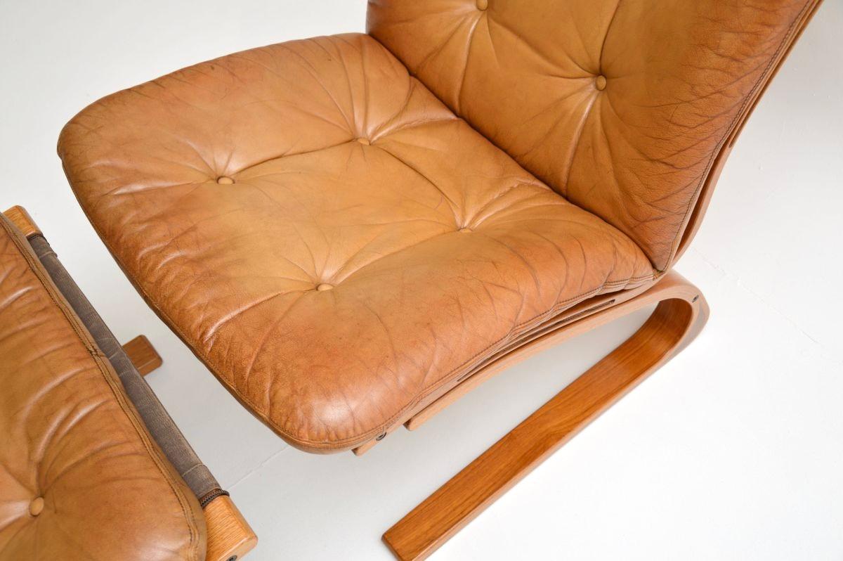 Vintage Leather Kengu Chair and Stool by Elsa and Nordahl Solheim for Rykken For Sale 2