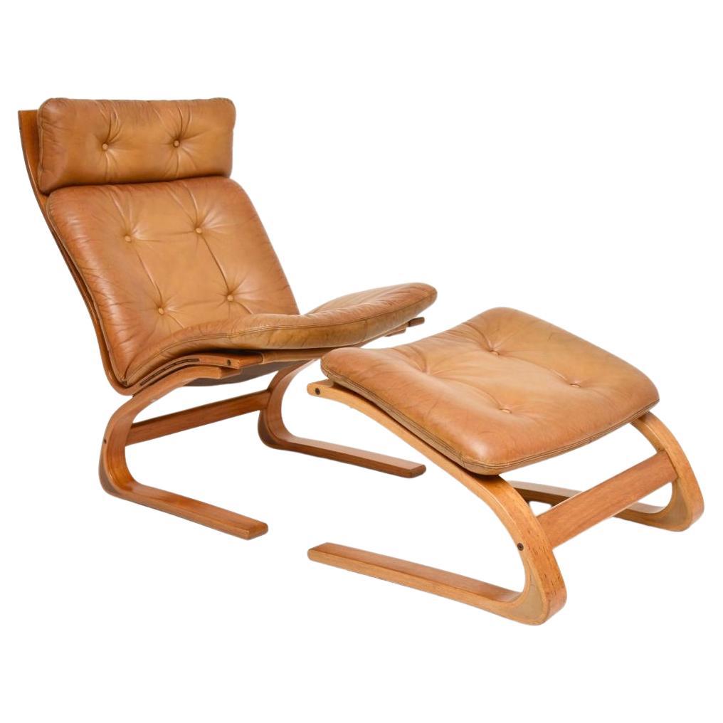 Vintage Leather Kengu Chair and Stool by Elsa and Nordahl Solheim for Rykken For Sale