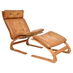 Vintage Leather Kengu Chair and Stool by Elsa and Nordahl Solheim for Rykken