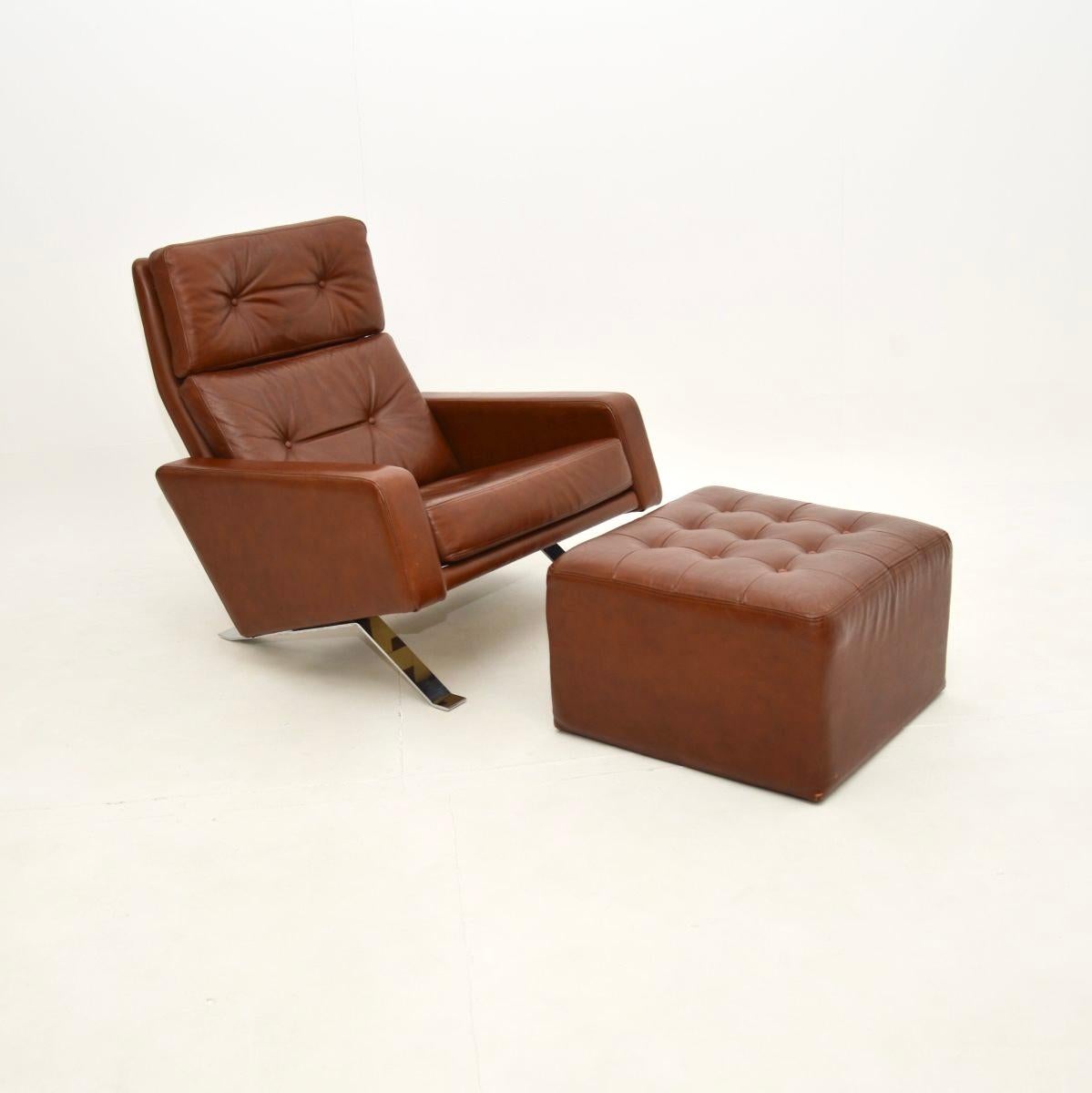 An iconic, stylish and extremely comfortable vintage leather Leo armchair and stool by Robin Day for Hille. They were made in England, they dates from the 1960’s.

Made famous by Sean Connery in the Bond film “You Only Live Twice”, this is a