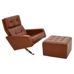 Sillón y taburete Leo de cuero vintage de Robin Day para Hille