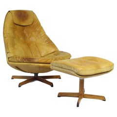Vintage Leather Lounge Chair with Ottoman by Madsen & Schubell, Denmark 1960s