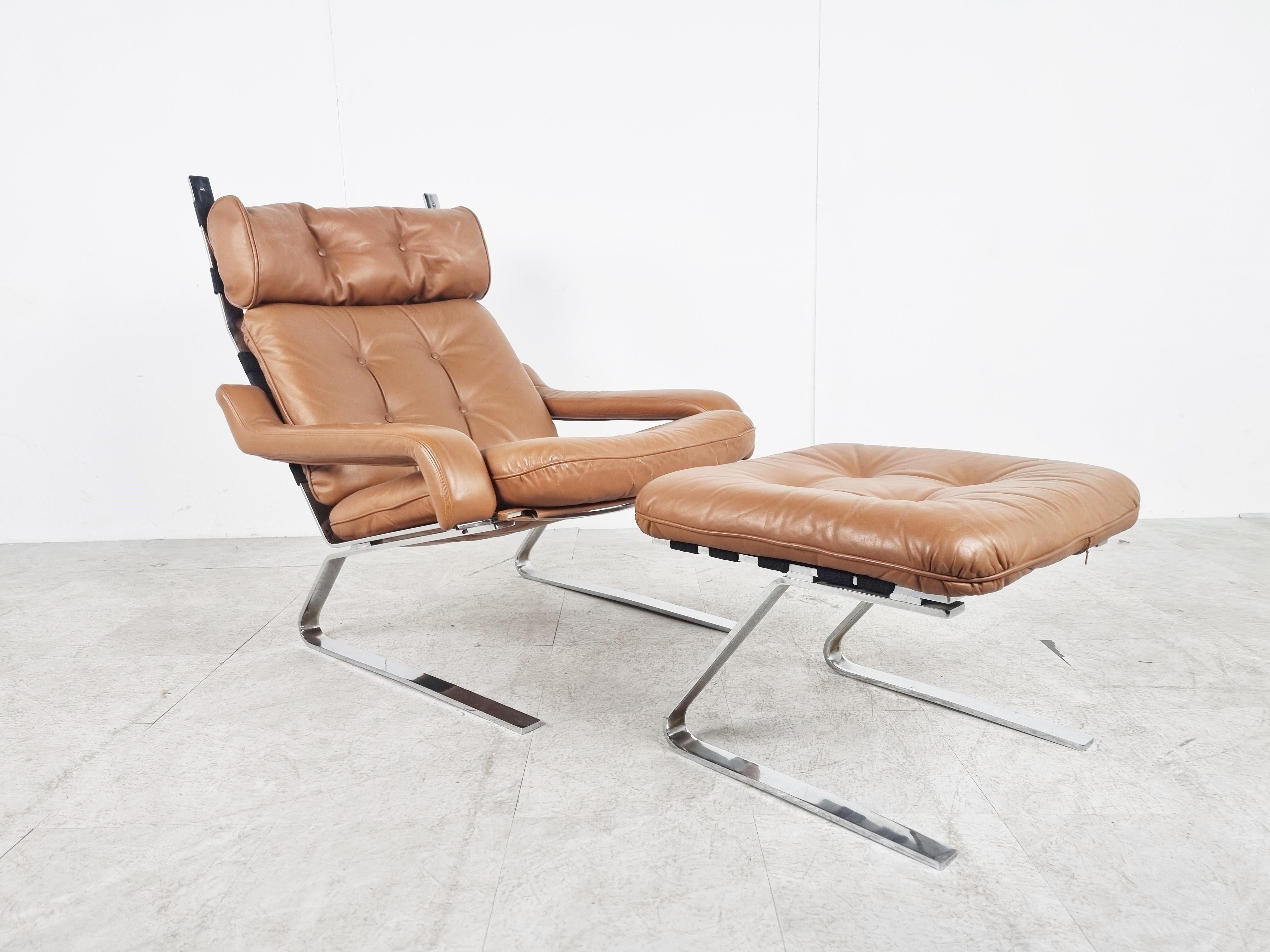 Mid-Century Modern Vintage leather lounge chair with ottoman by Reinhold Adolf, 1970s 