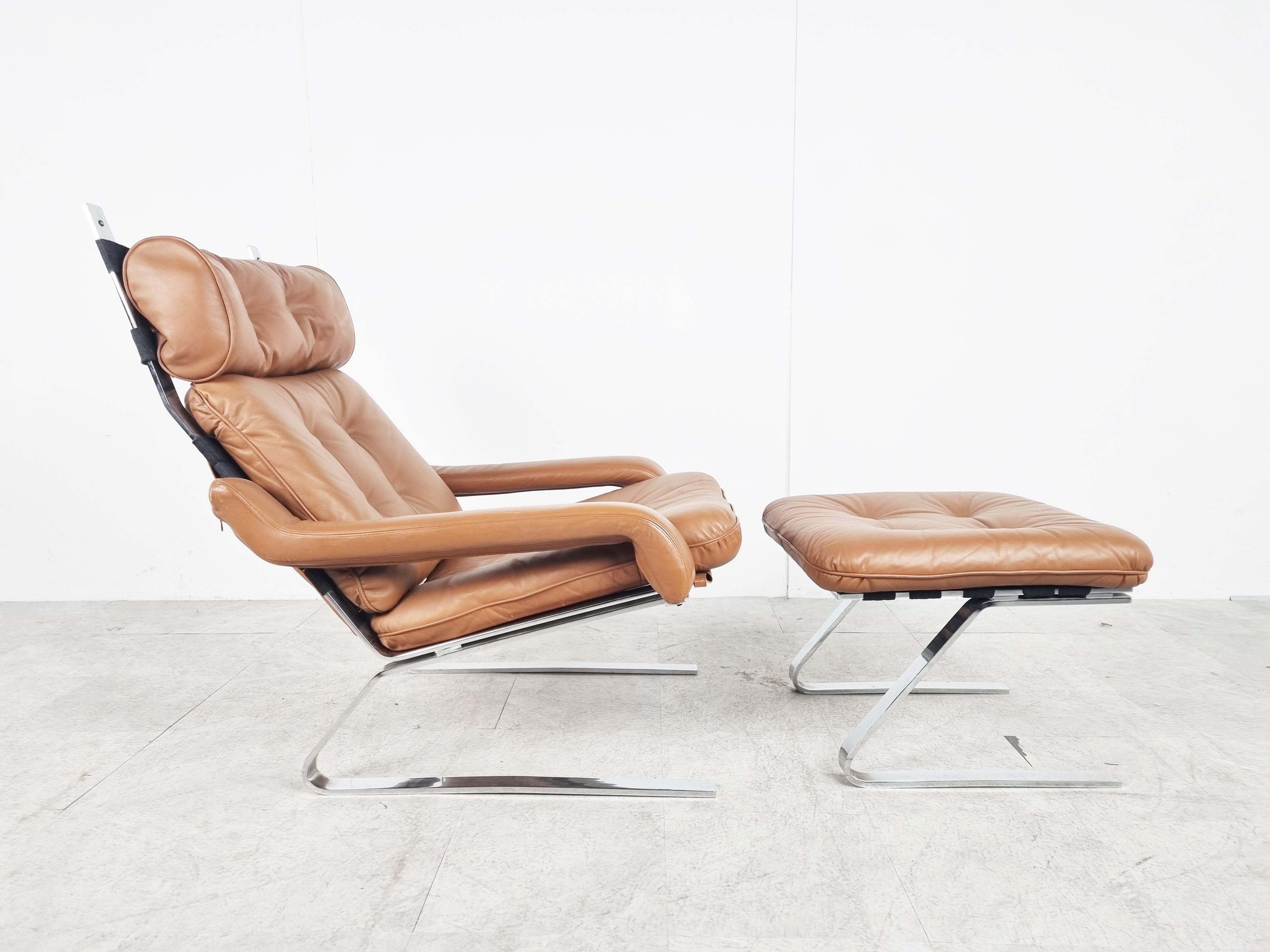 German Vintage leather lounge chair with ottoman by Reinhold Adolf, 1970s 