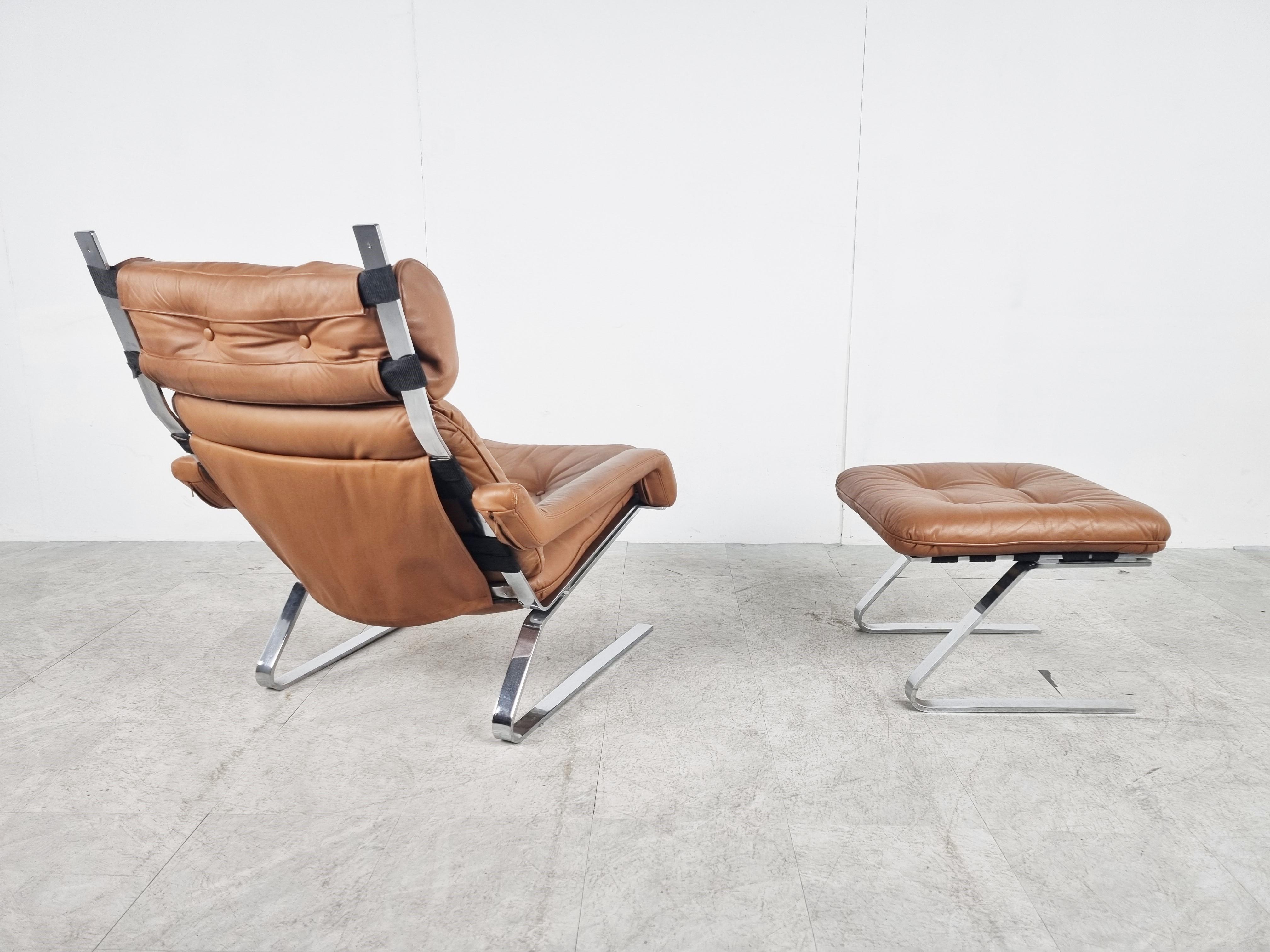 Vintage leather lounge chair with ottoman by Reinhold Adolf, 1970s  In Good Condition In HEVERLEE, BE