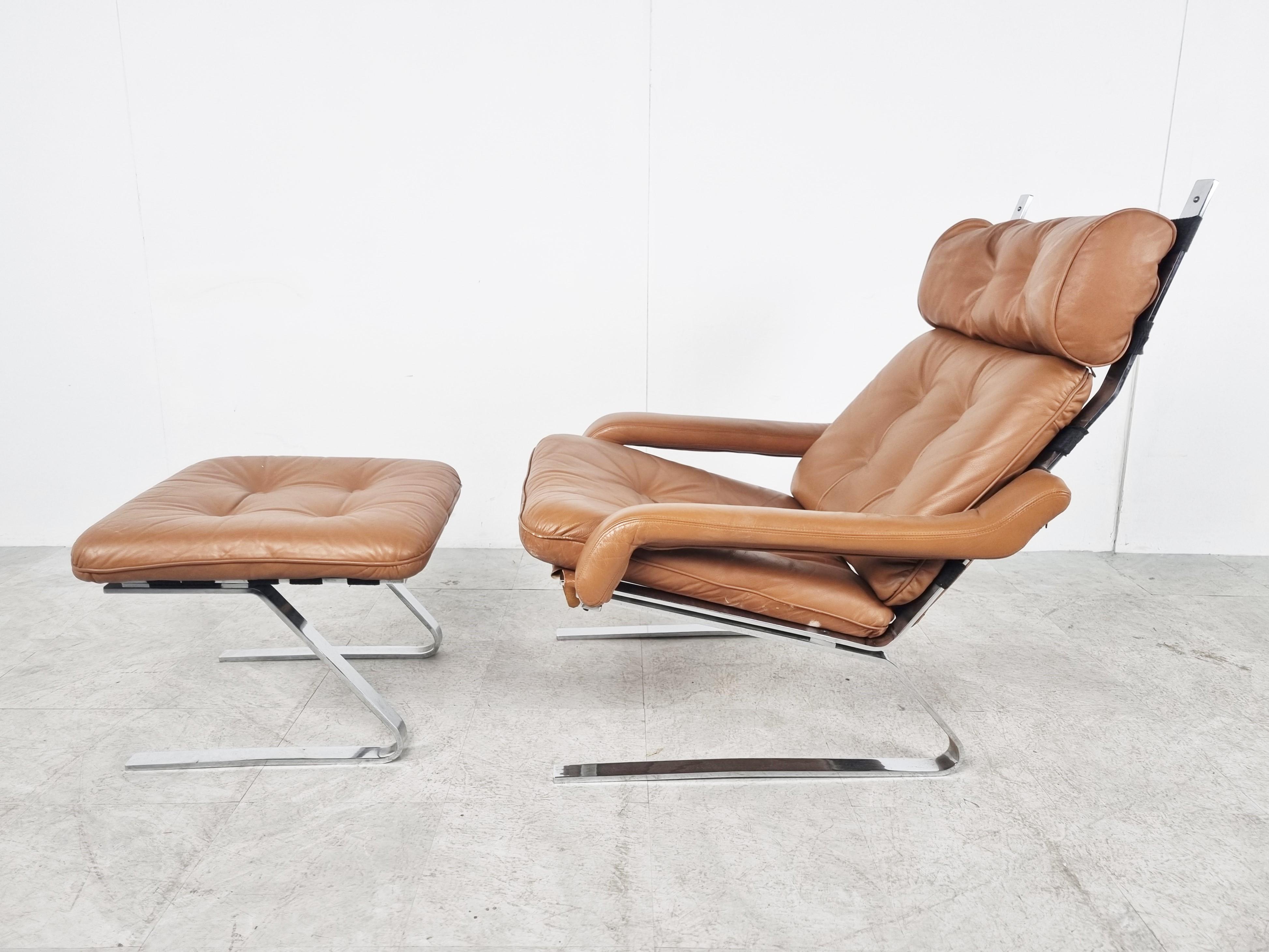 Late 20th Century Vintage leather lounge chair with ottoman by Reinhold Adolf, 1970s