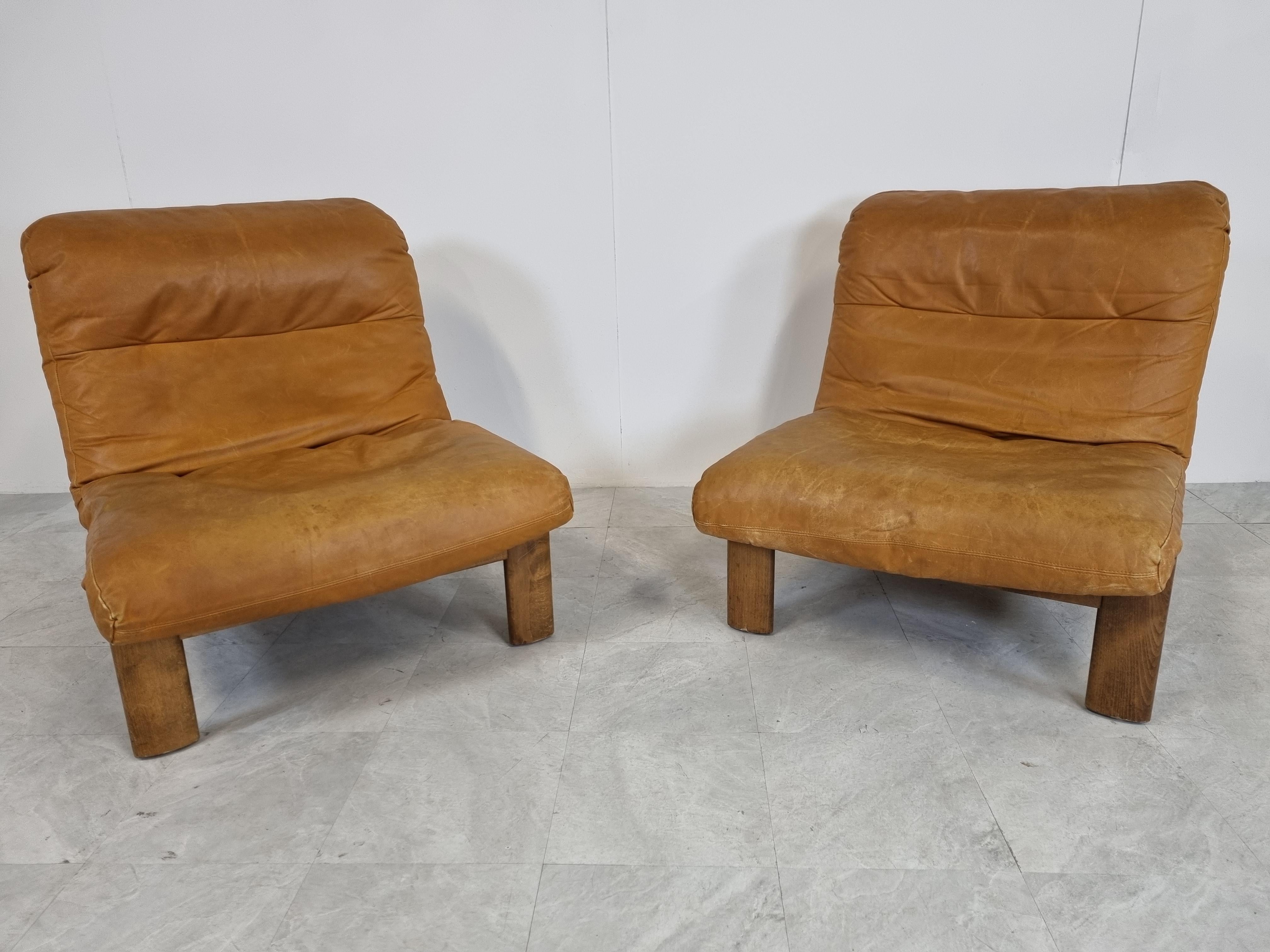 Brutalist Vintage Leather Lounge Chairs, 1970s Set of 2