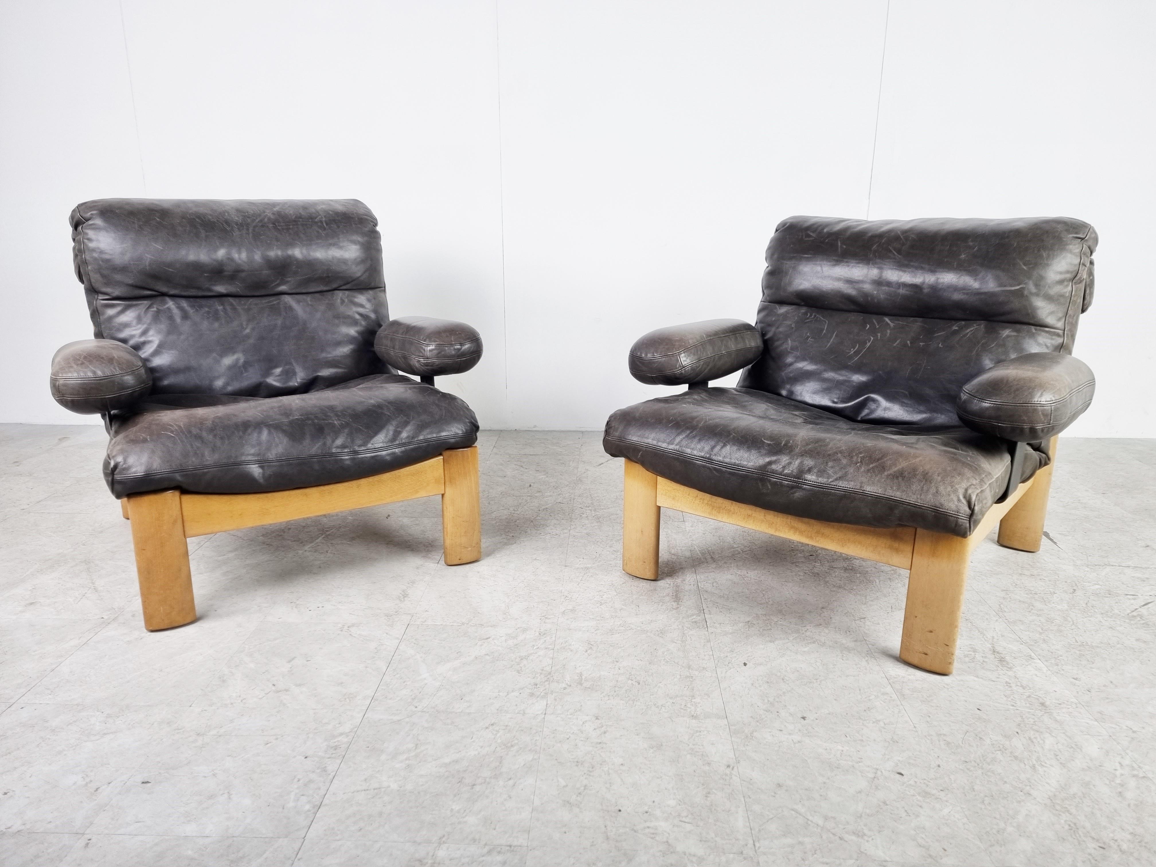 Mid-Century Modern Vintage Leather Lounge Chairs, 1970s Set of 2 