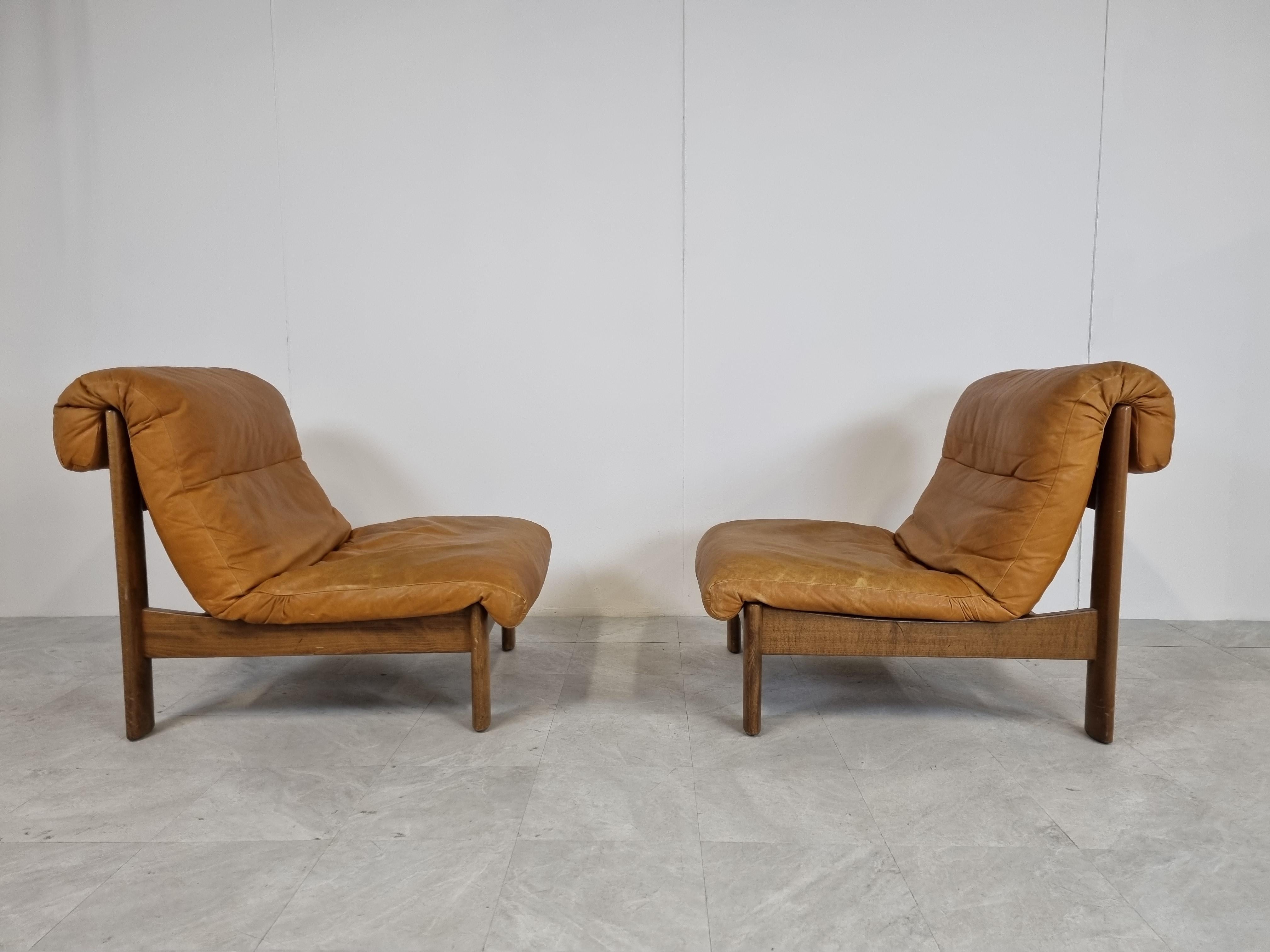 German Vintage Leather Lounge Chairs, 1970s Set of 2
