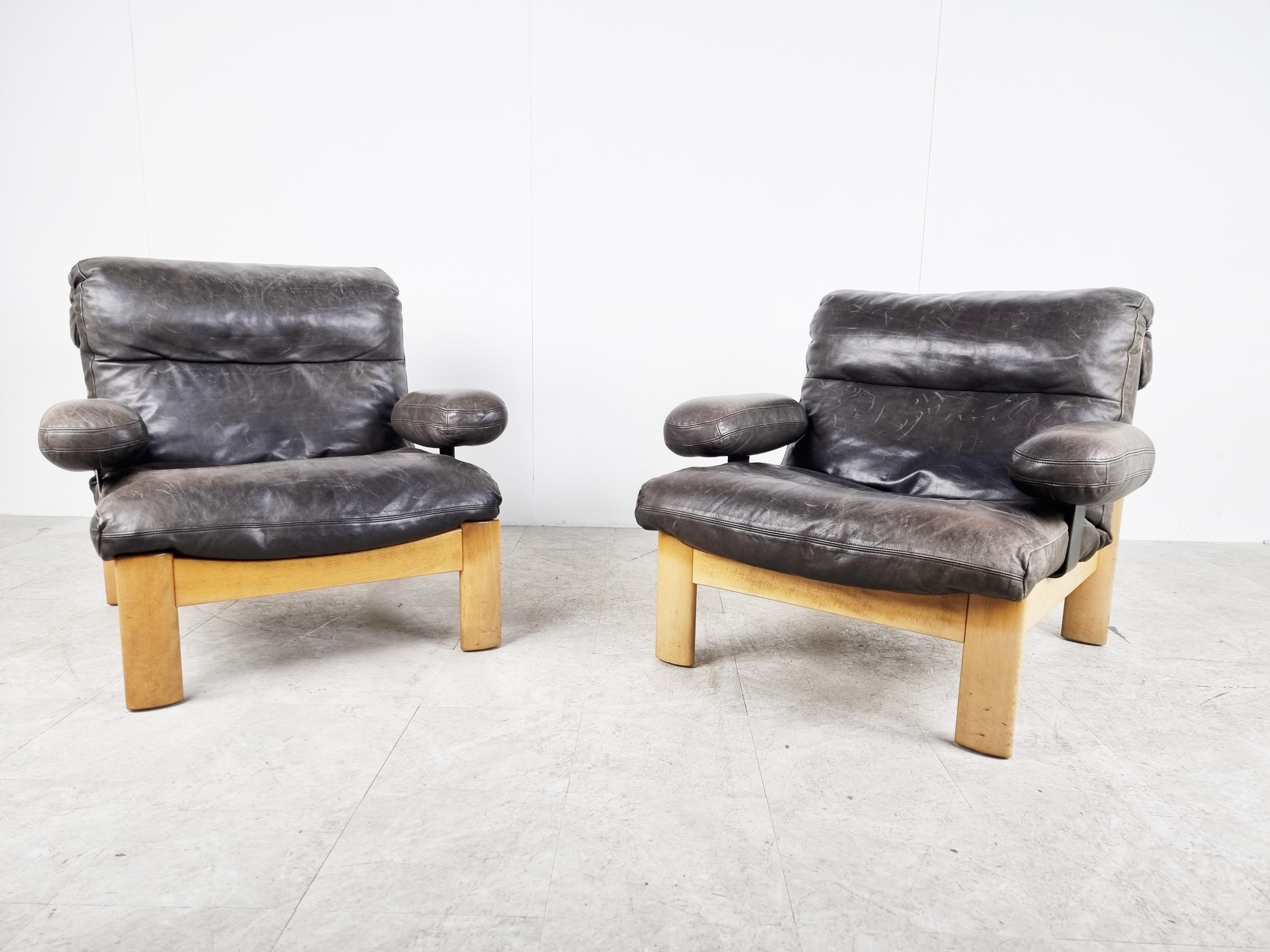 German Vintage Leather Lounge Chairs, 1970s Set of 2 