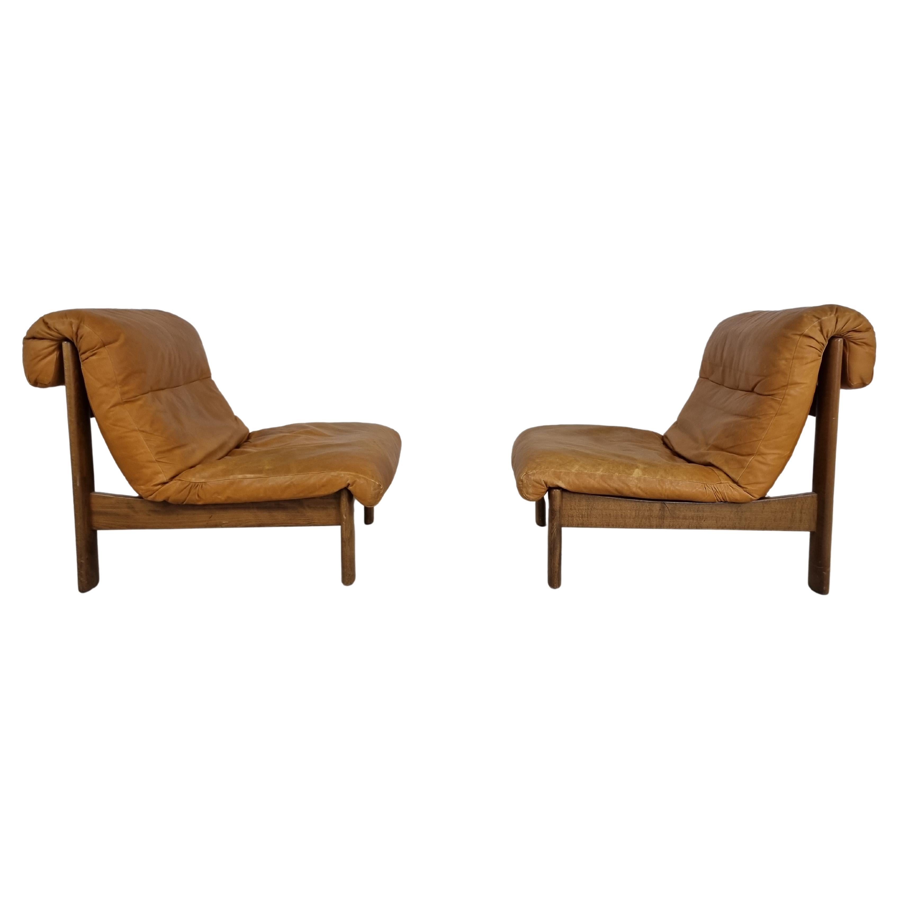 Vintage Leather Lounge Chairs, 1970s Set of 2