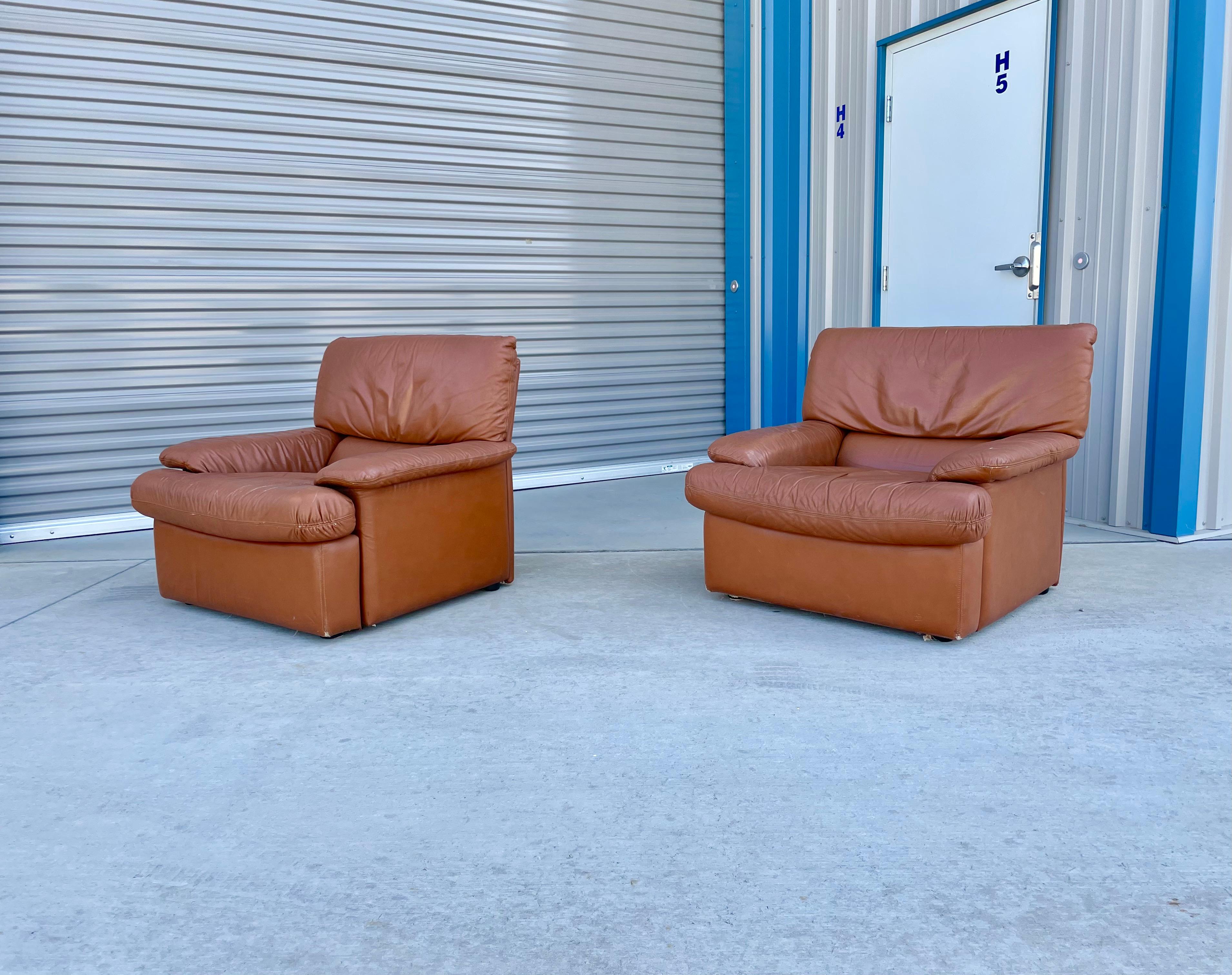 Mid-Century Modern Vintage Leather Lounge Chairs Styled After De Sede For Sale