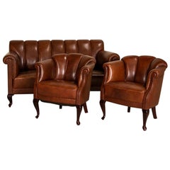 Retro Leather Loveseat and Pair of Club Chairs, Set of 3