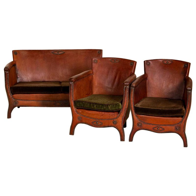 Vintage Leather Small Sofa and Pair of Club Chairs, Set of 3