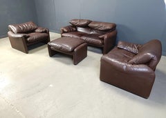 Vintage leather Maralunga sofa set by Vico Magistretti for Cassina, 1973