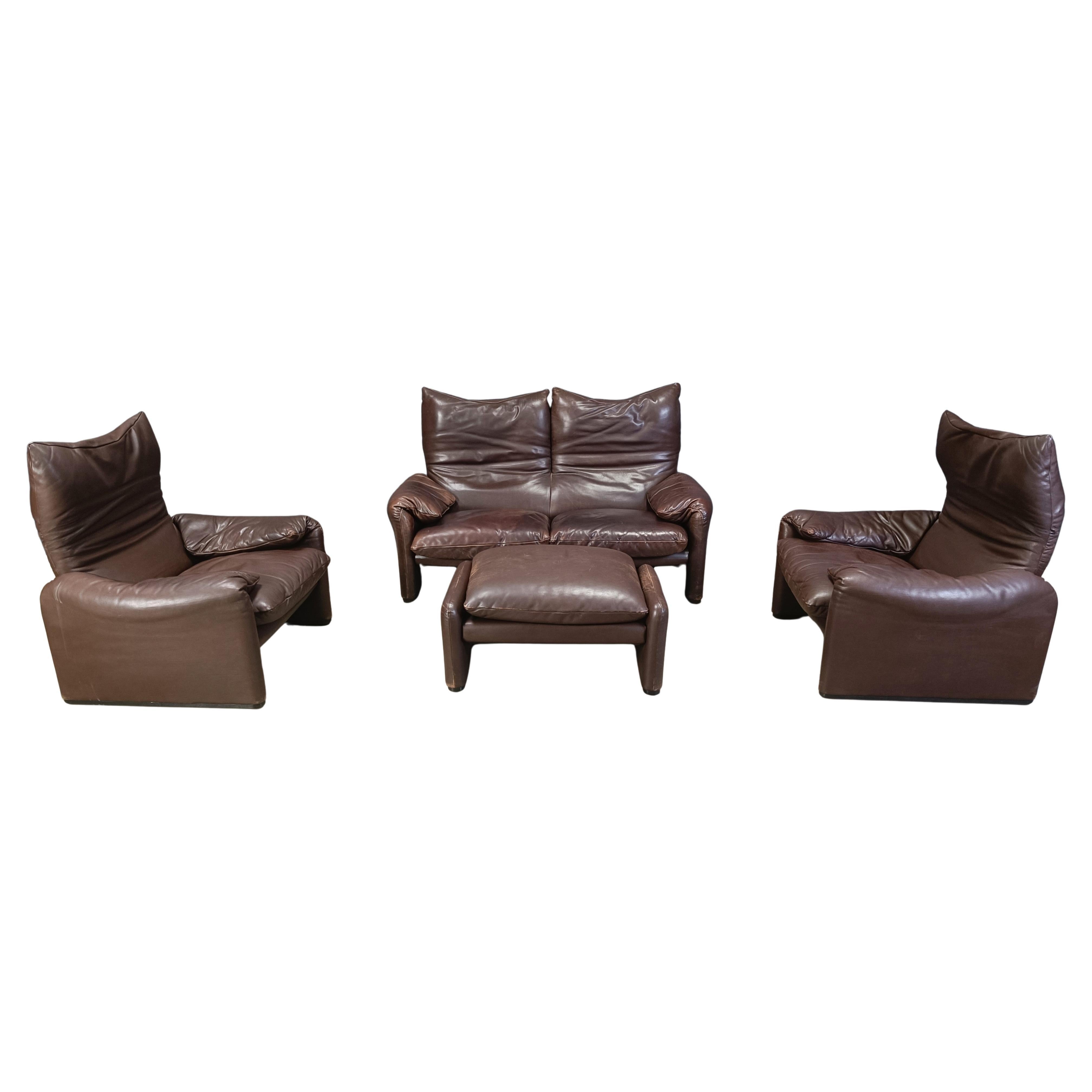 Juego de sofás Maralunga vintage de cuero de Vico Magistretti para Cassina, 1973 en venta