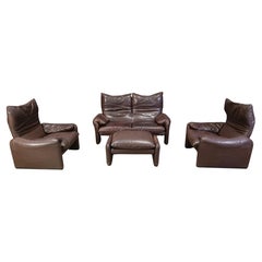 Vintage leather Maralunga sofa set by Vico Magistretti for Cassina, 1973