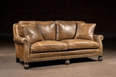 Vintage Leather Nailhead Sofa with Turned Bun Feet