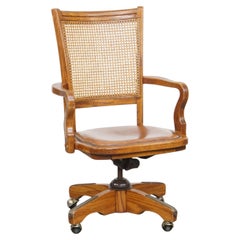 Vintage Leather Office Chair with Wood and Woven Cane Backrest on Castors